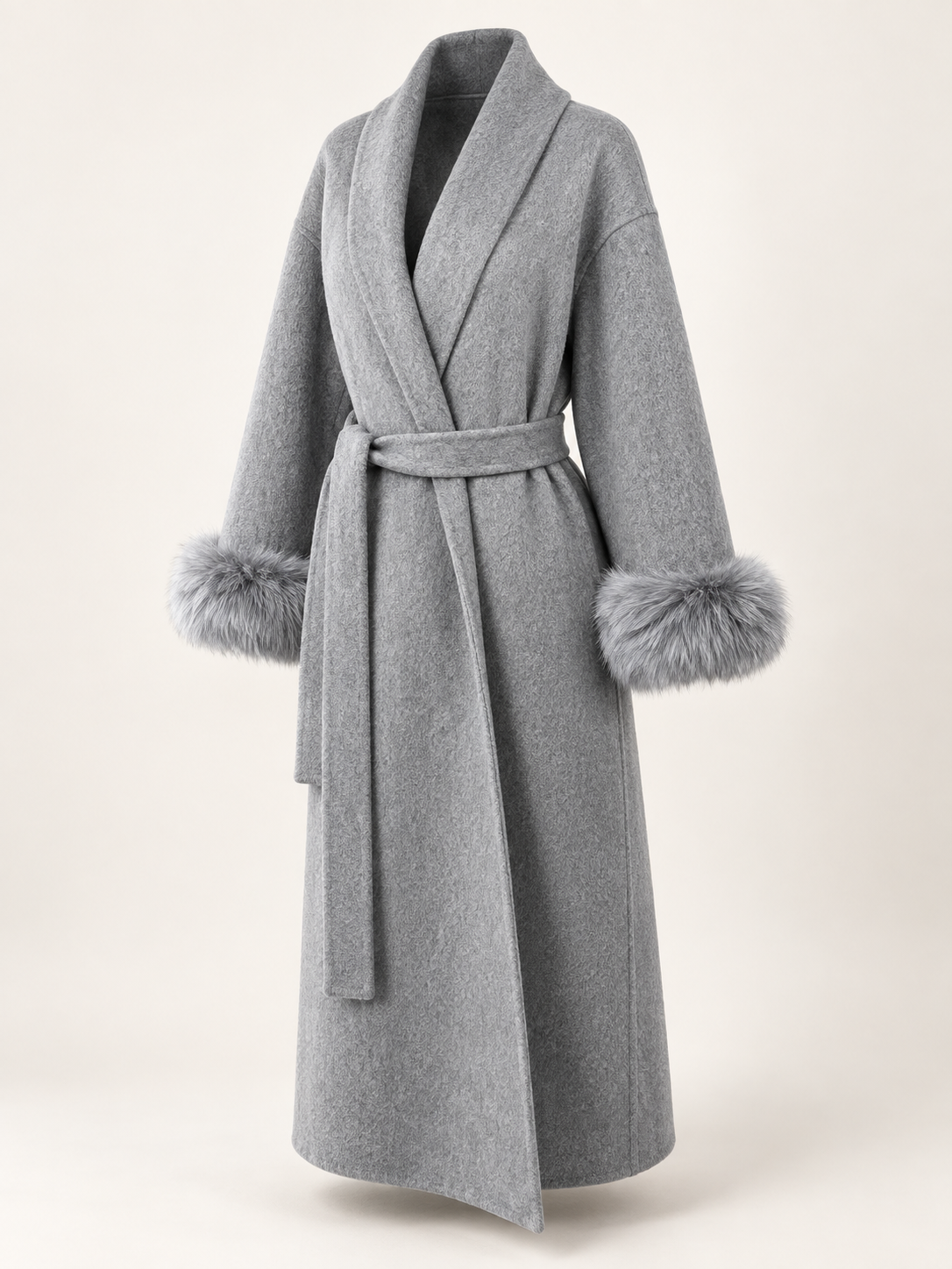 Rovelle Belted Faux Fur Cuff Coat — Grey — Longline — angle