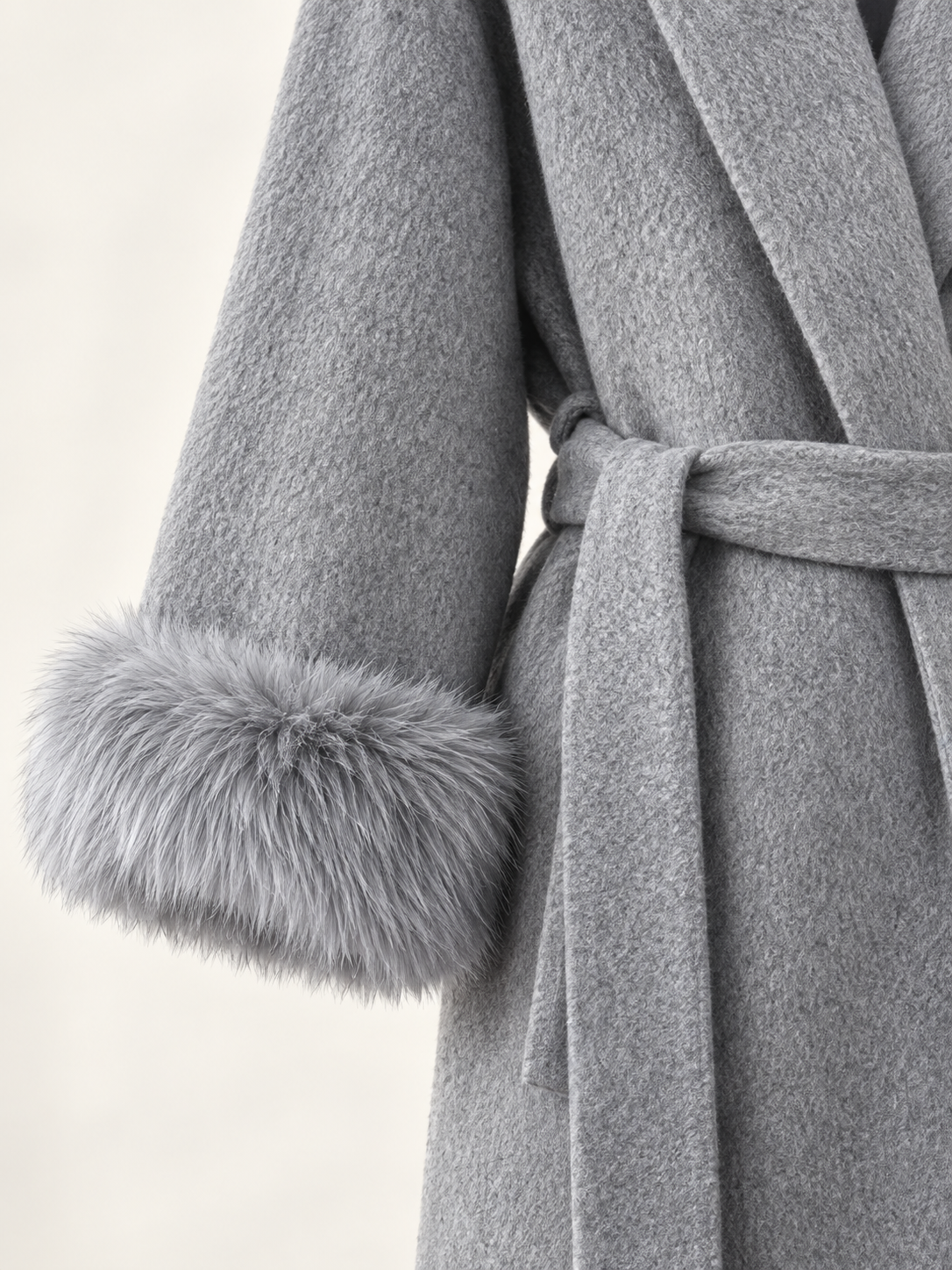 Rovelle Belted Faux Fur Cuff Coat — Grey — Longline — detail