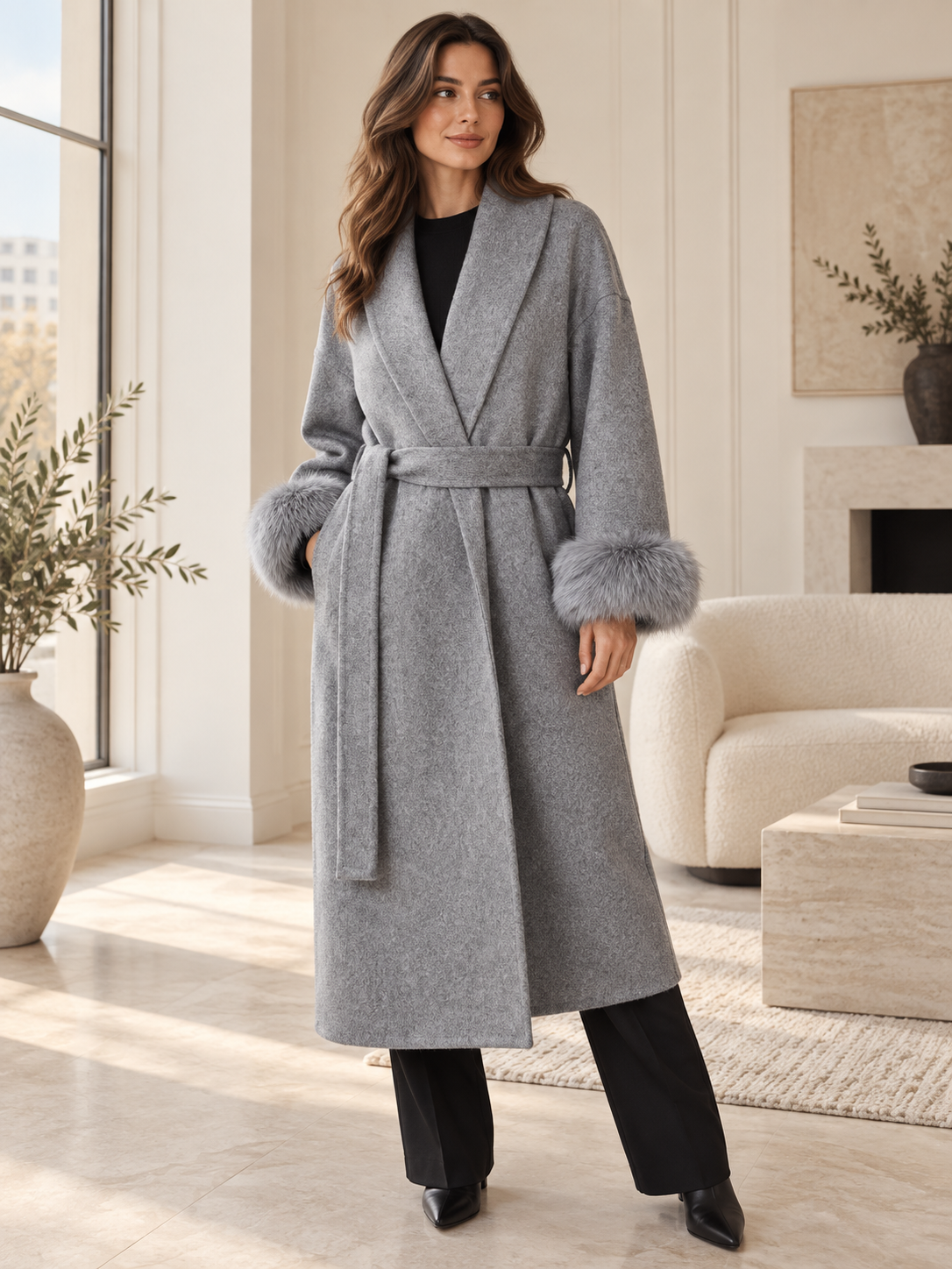 Rovelle Belted Faux Fur Cuff Coat — Grey — Longline — model
