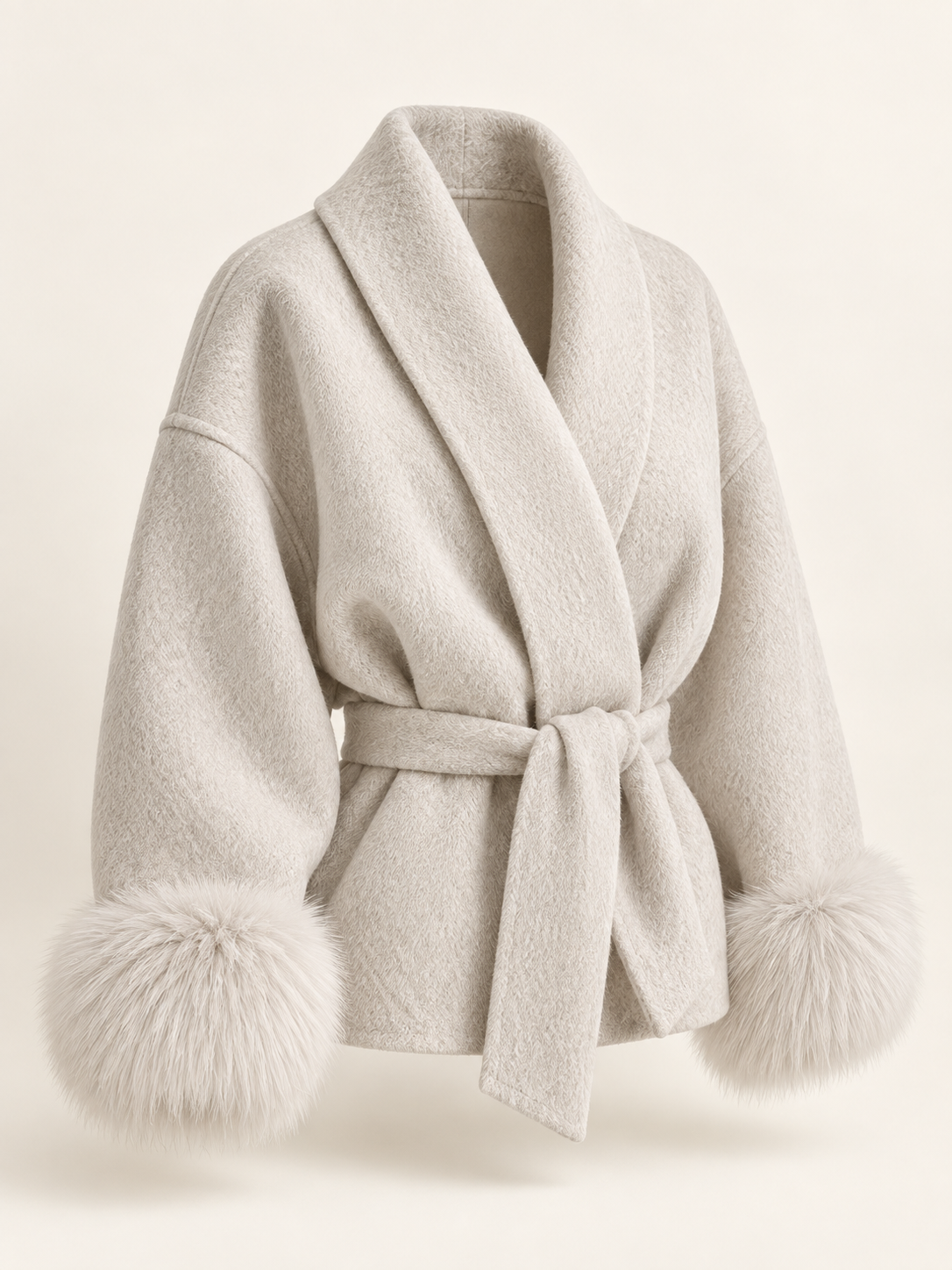 Rovelle Belted Faux Fur Cuff Coat — Ivory — angle