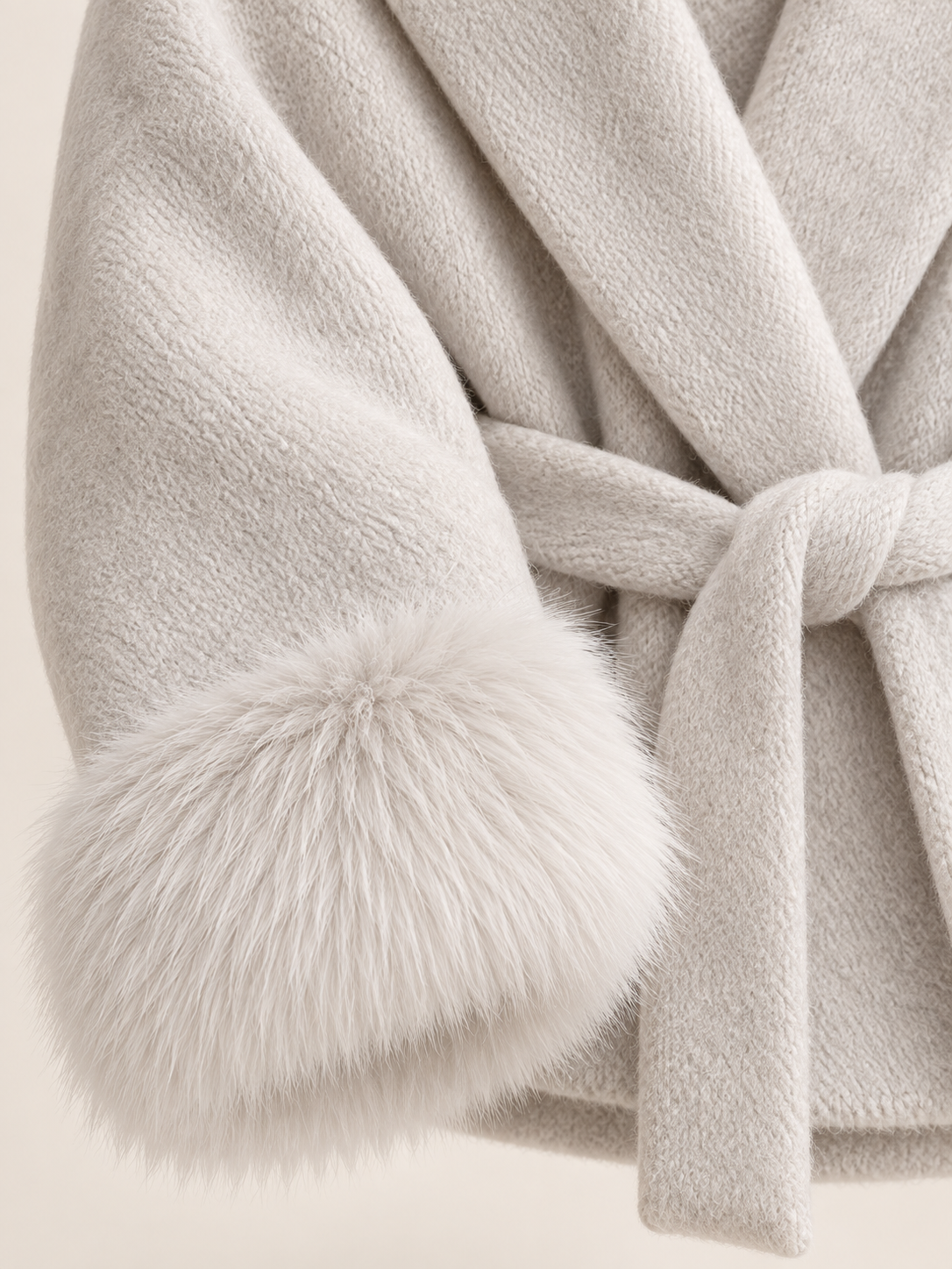 Rovelle Belted Faux Fur Cuff Coat — Ivory — detail