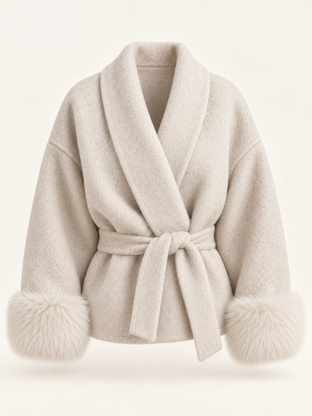Rovelle Belted Faux Fur Cuff Coat — Ivory — front