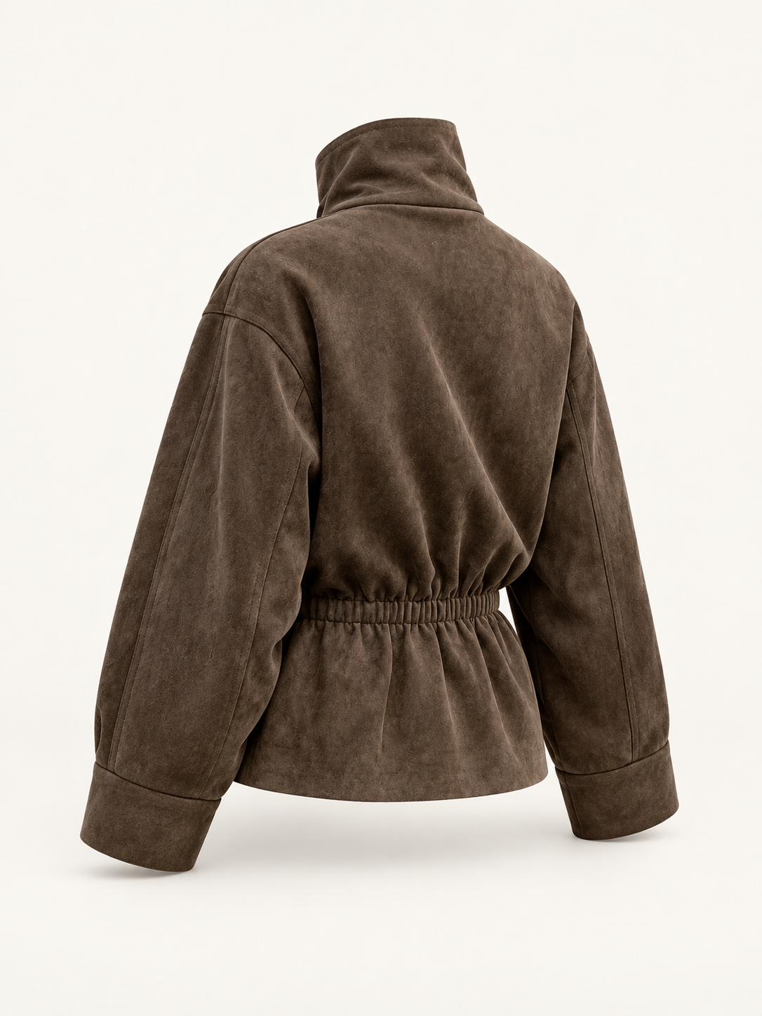 Rovelle Belted Faux Suede Jacket — Dark Mink — rear three-quarter view