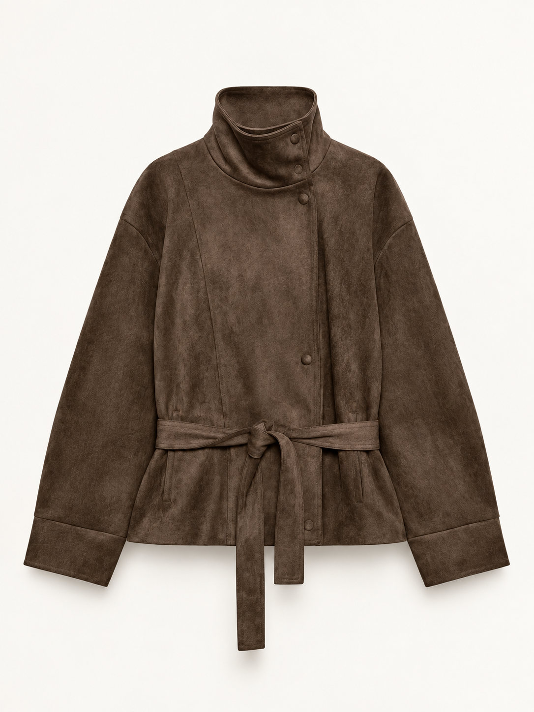 Rovelle Belted Faux Suede Jacket — Dark Mink — front view