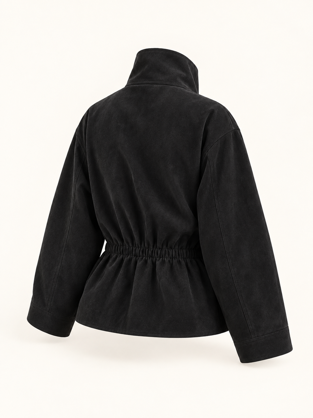 Rovelle Belted Faux Suede Jacket — Black — rear three-quarter view