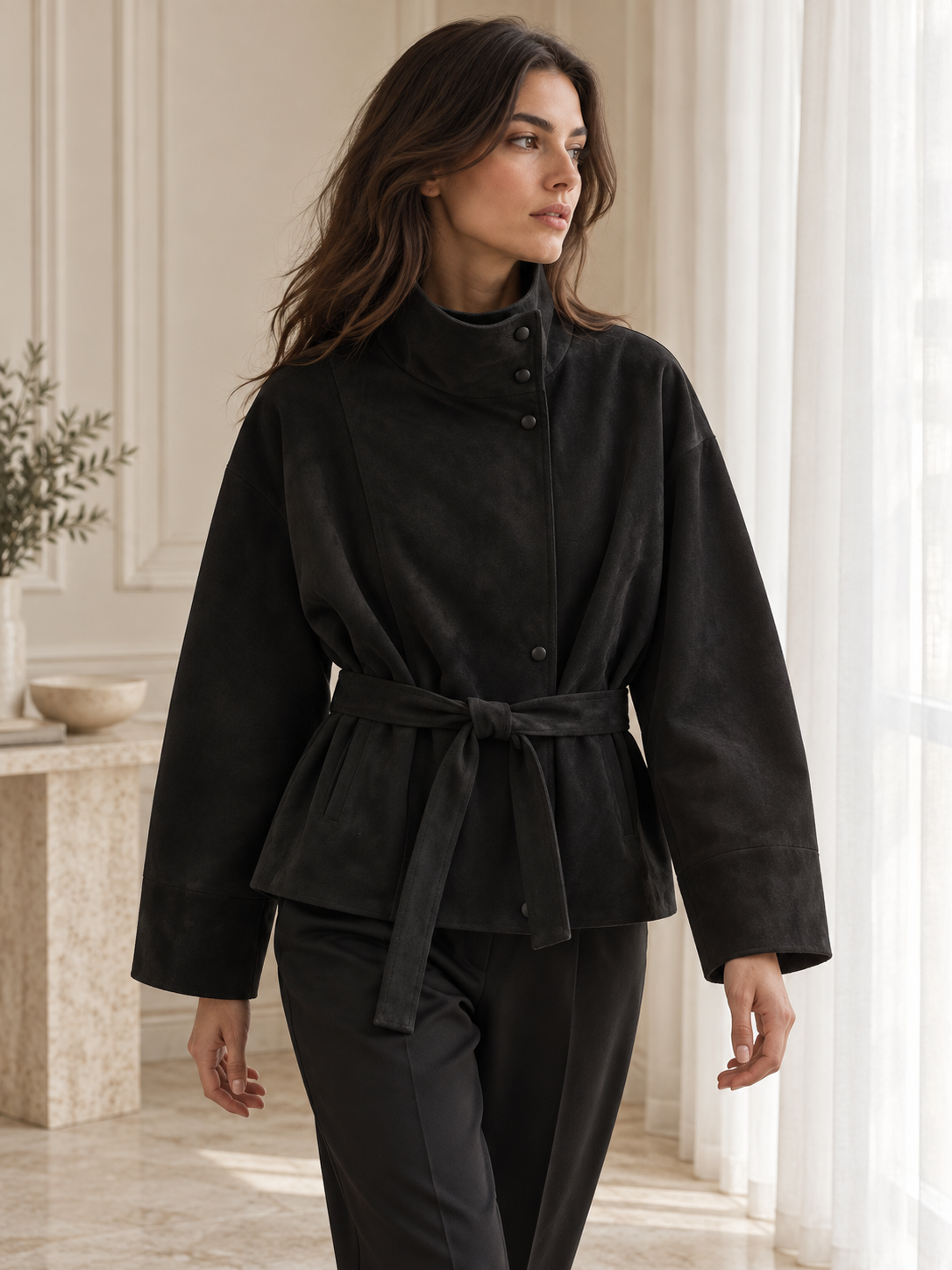 Rovelle Belted Faux Suede Jacket — Black — styled on a model