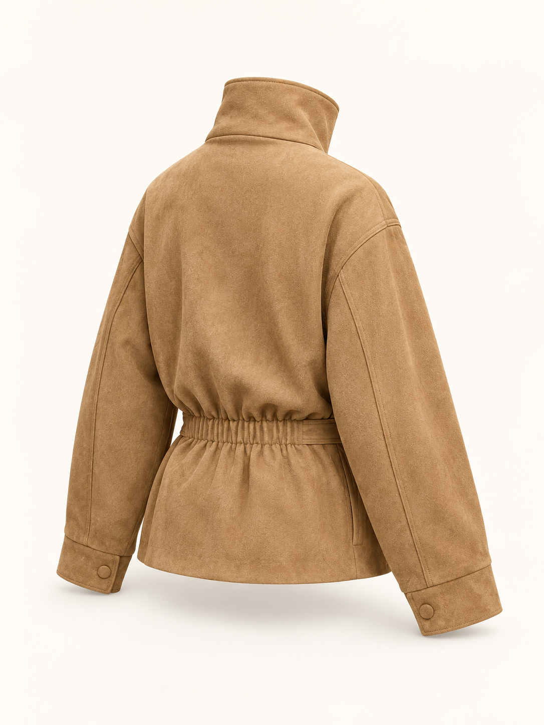 Rovelle Belted Faux Suede Jacket — Camel — rear three-quarter view