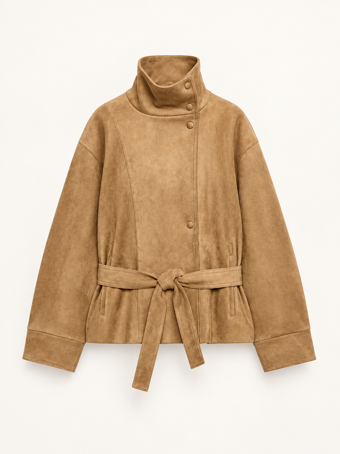 Rovelle Belted Faux Suede Jacket — Camel — front view