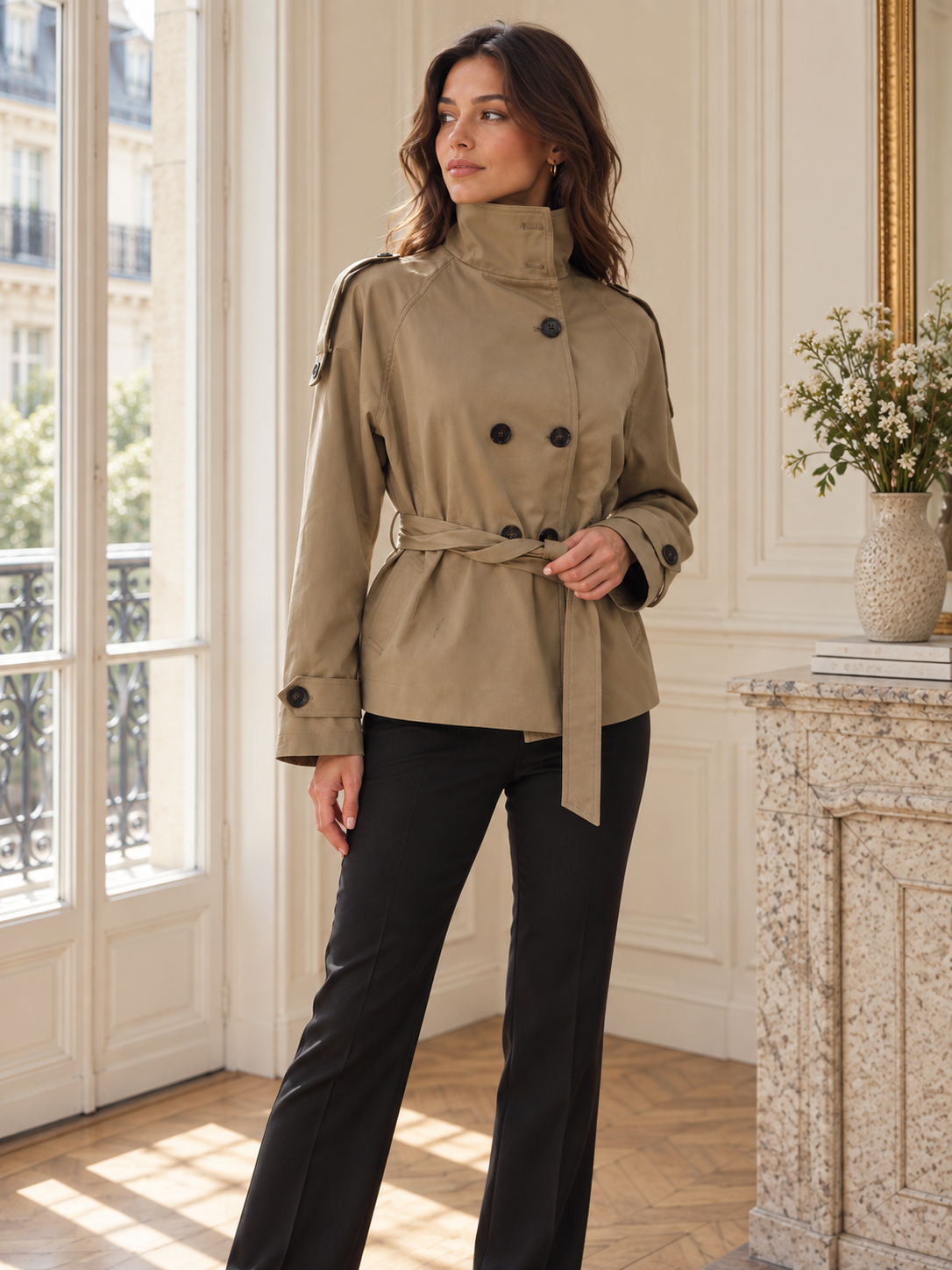 Rovelle High Collar Belted Trench Jacket — Khaki — model angle