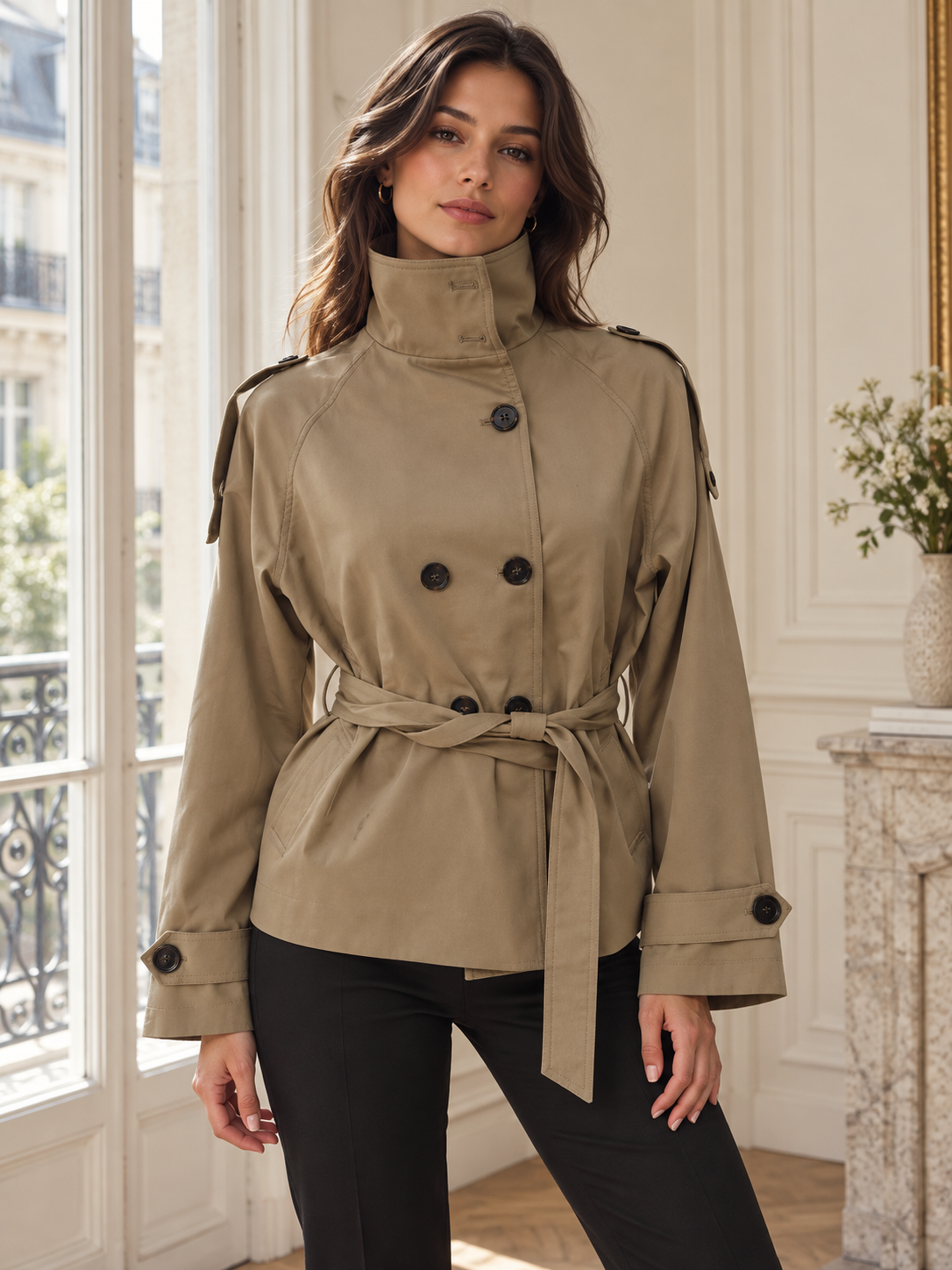 Rovelle High Collar Belted Trench Jacket — Khaki — model front