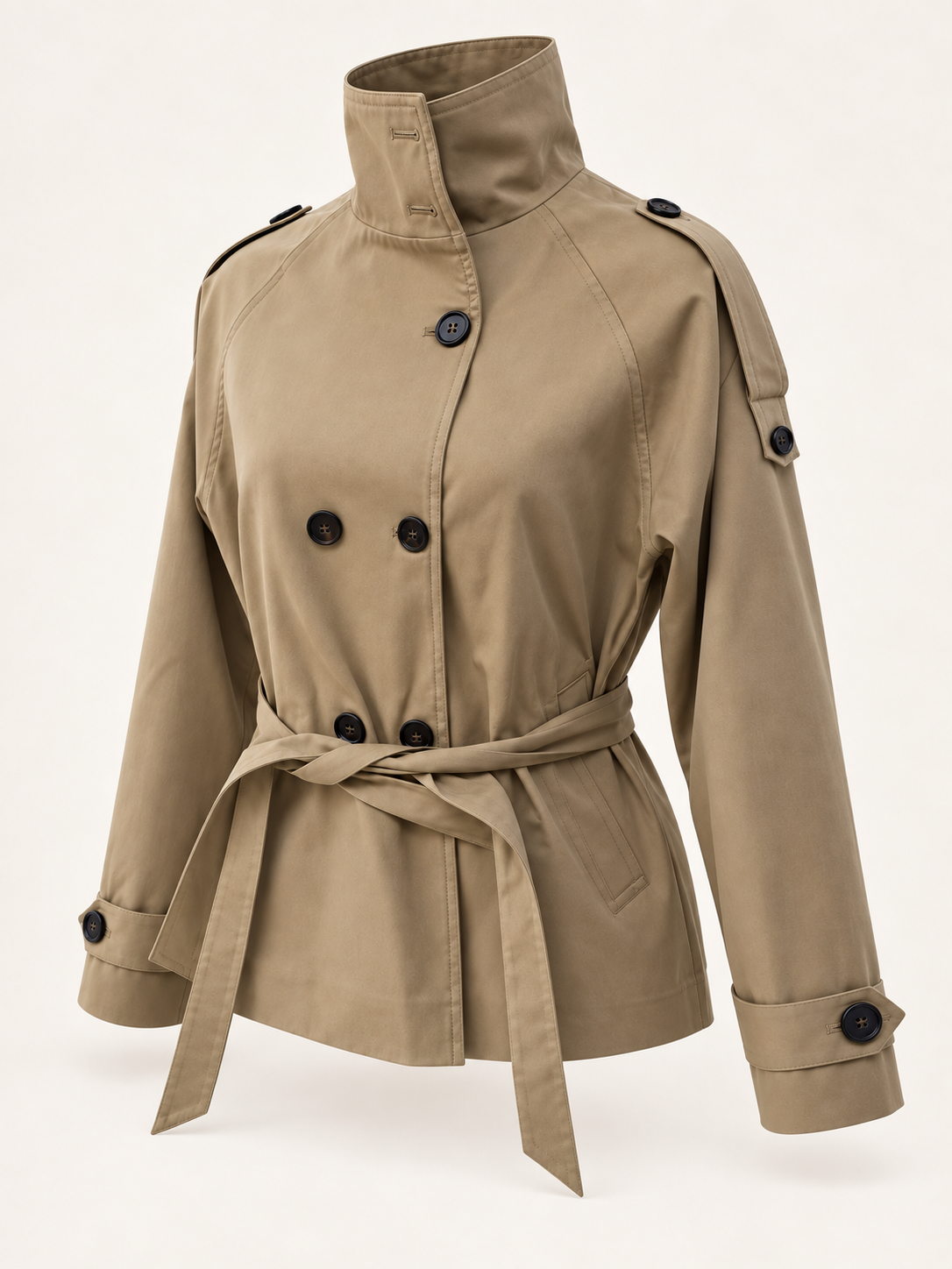 Rovelle High Collar Belted Trench Jacket — Khaki — product angle