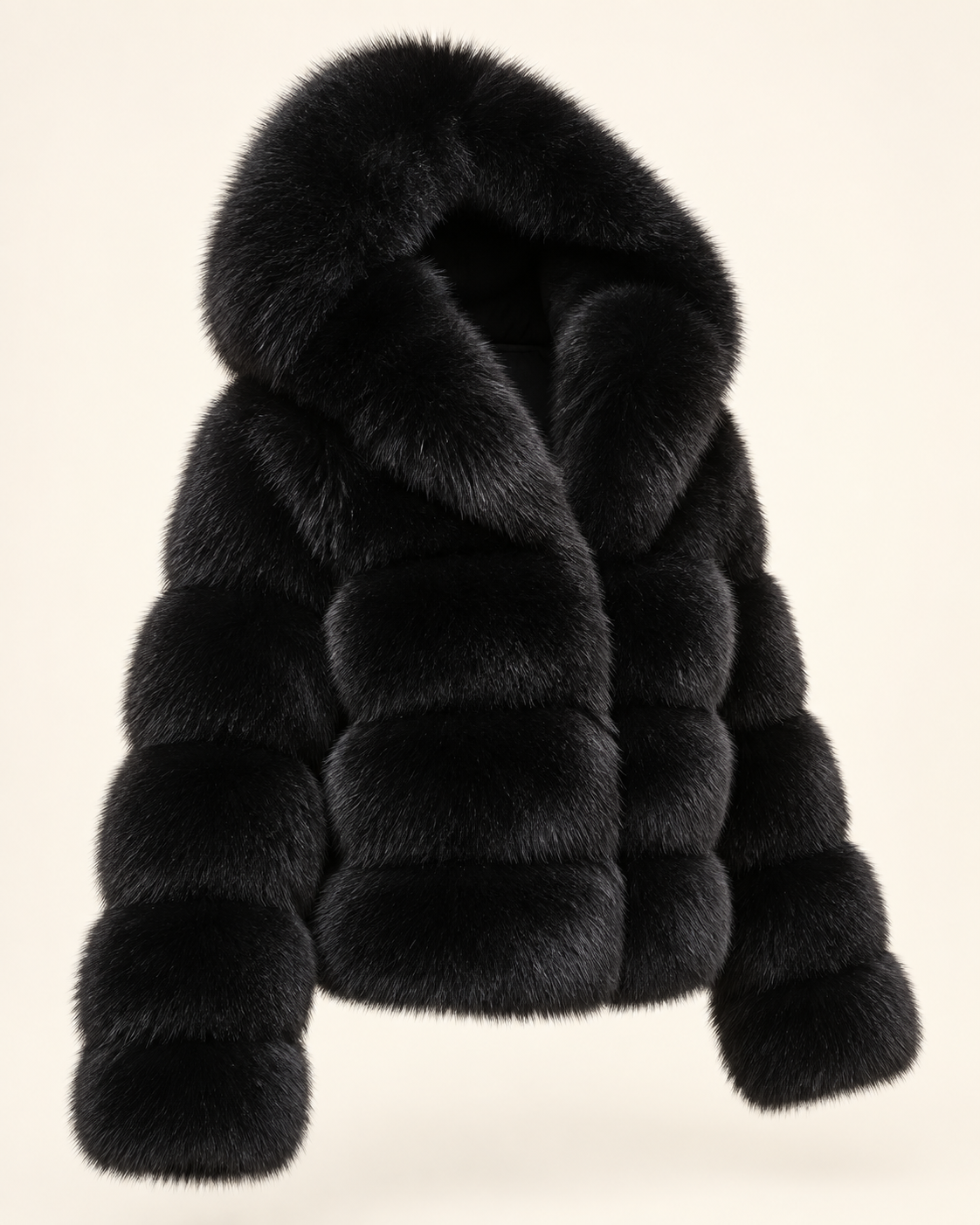 Rovelle Cropped Hooded Faux Fur Jacket — Black — angle view