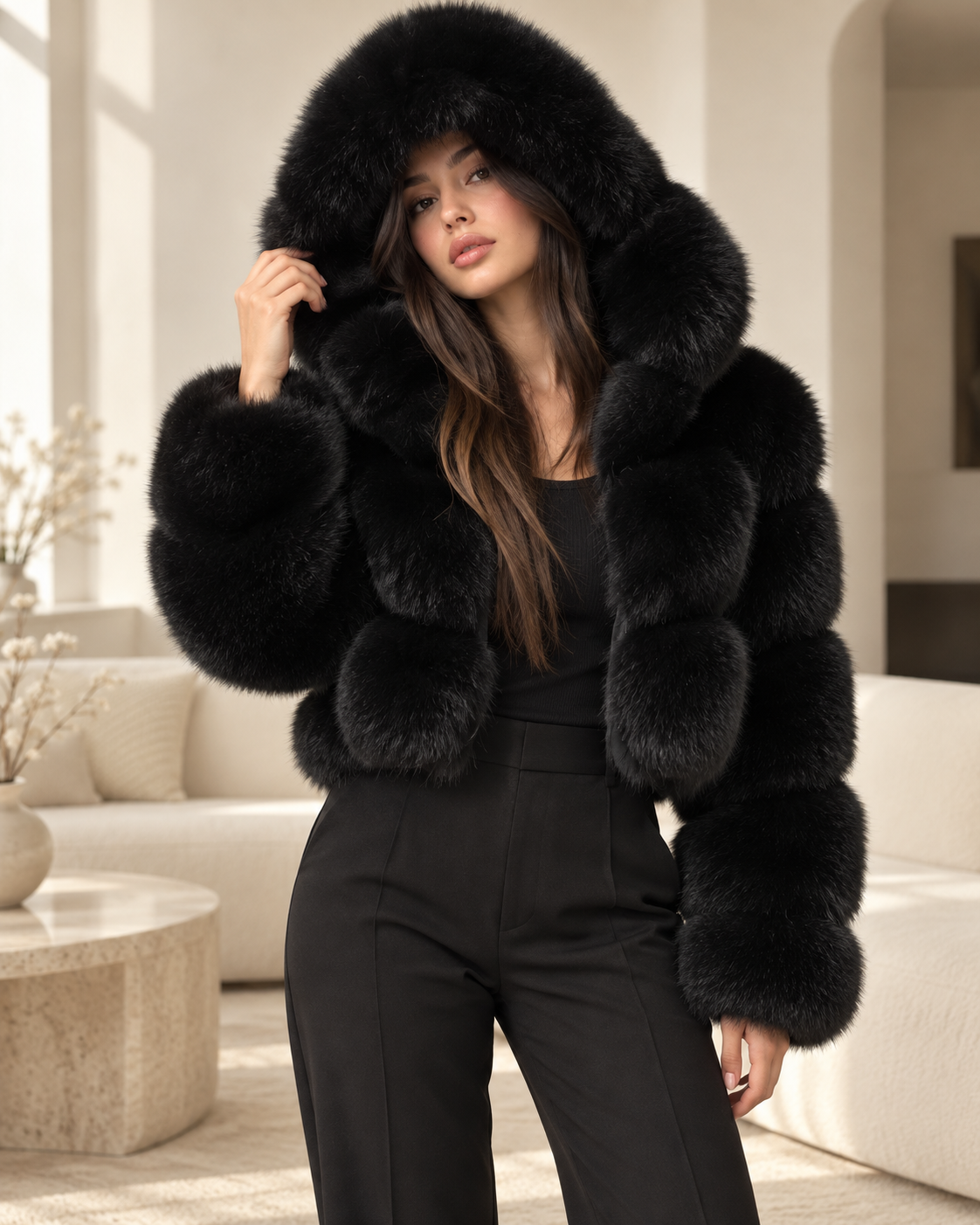 Rovelle Cropped Hooded Faux Fur Jacket — Black — model wearing jacket