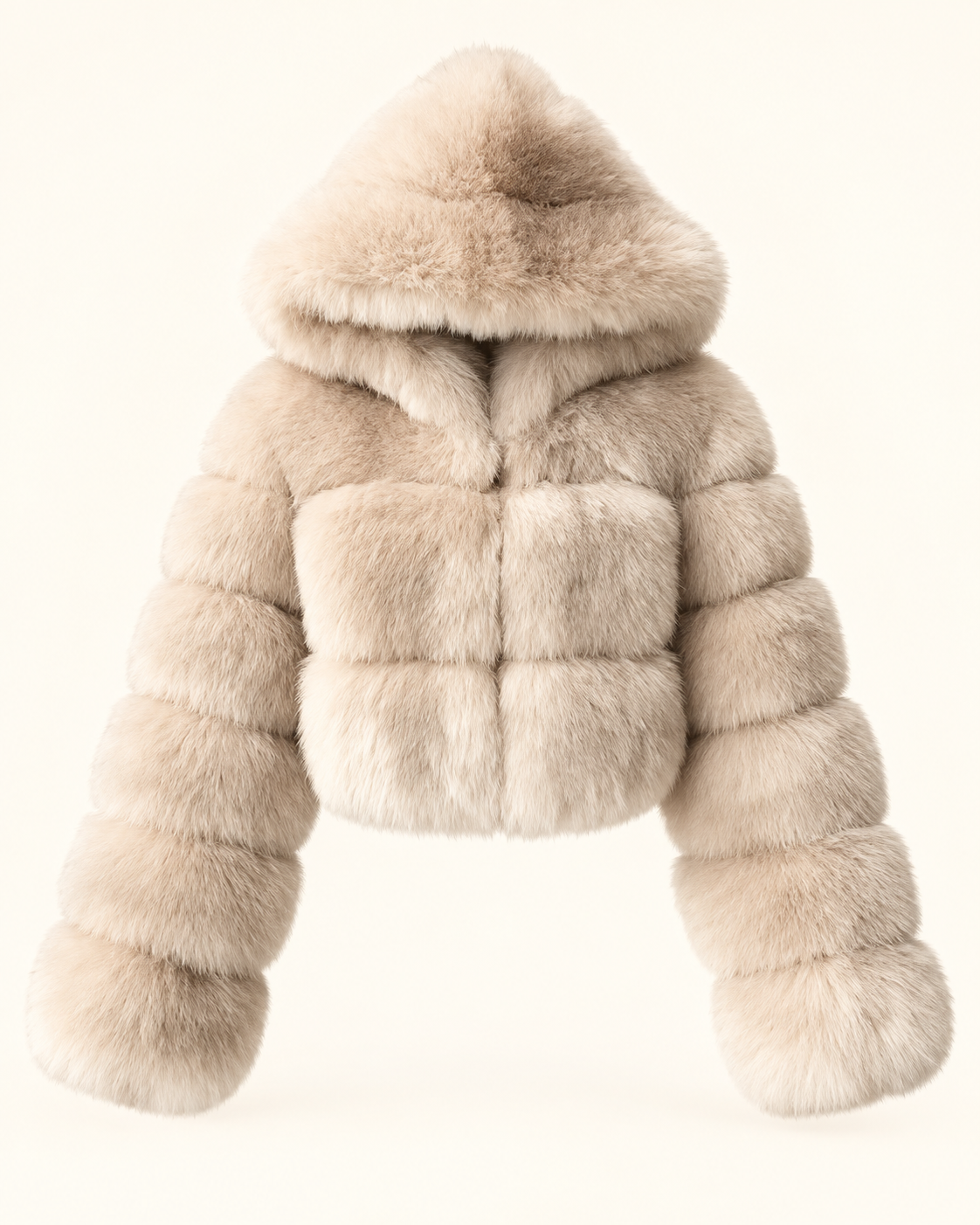 Rovelle Cropped Hooded Faux Fur Jacket — Beige — front view