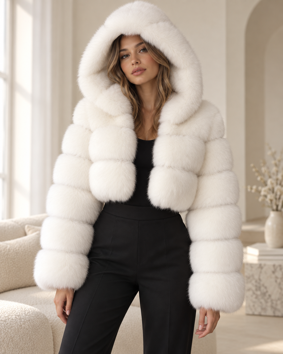 Rovelle Cropped Hooded Faux Fur Jacket — White — model wearing jacket