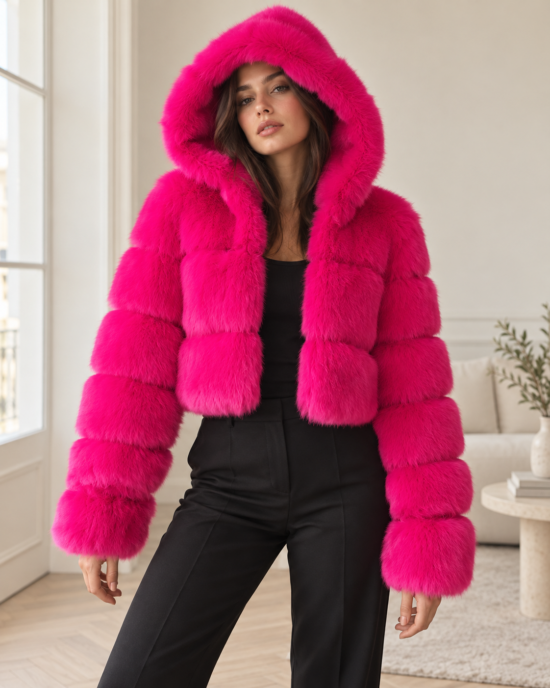 Rovelle Cropped Hooded Faux Fur Jacket — Fuchsia — model wearing jacket