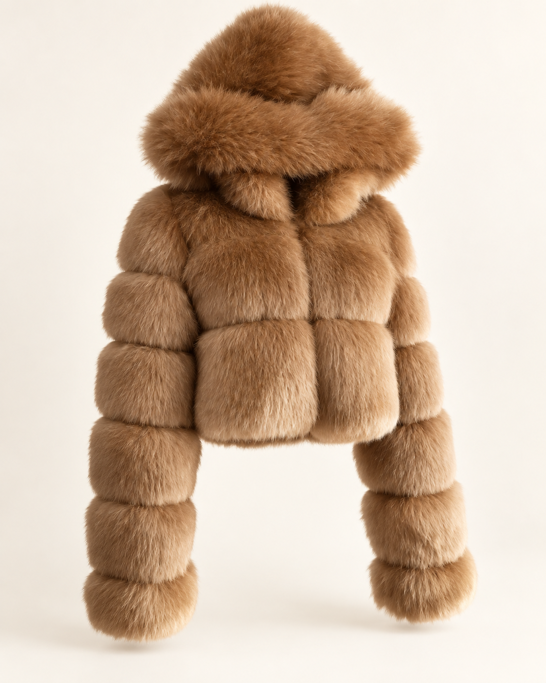 Rovelle Cropped Hooded Faux Fur Jacket — Camel — angle view