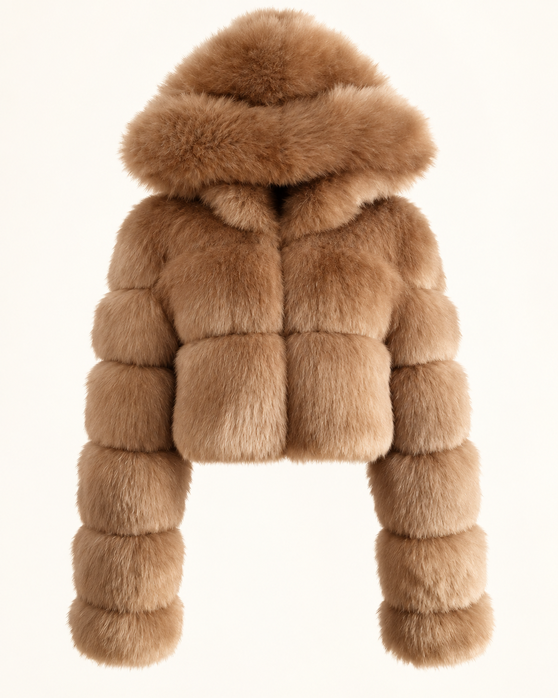 Rovelle Cropped Hooded Faux Fur Jacket — Camel — front view