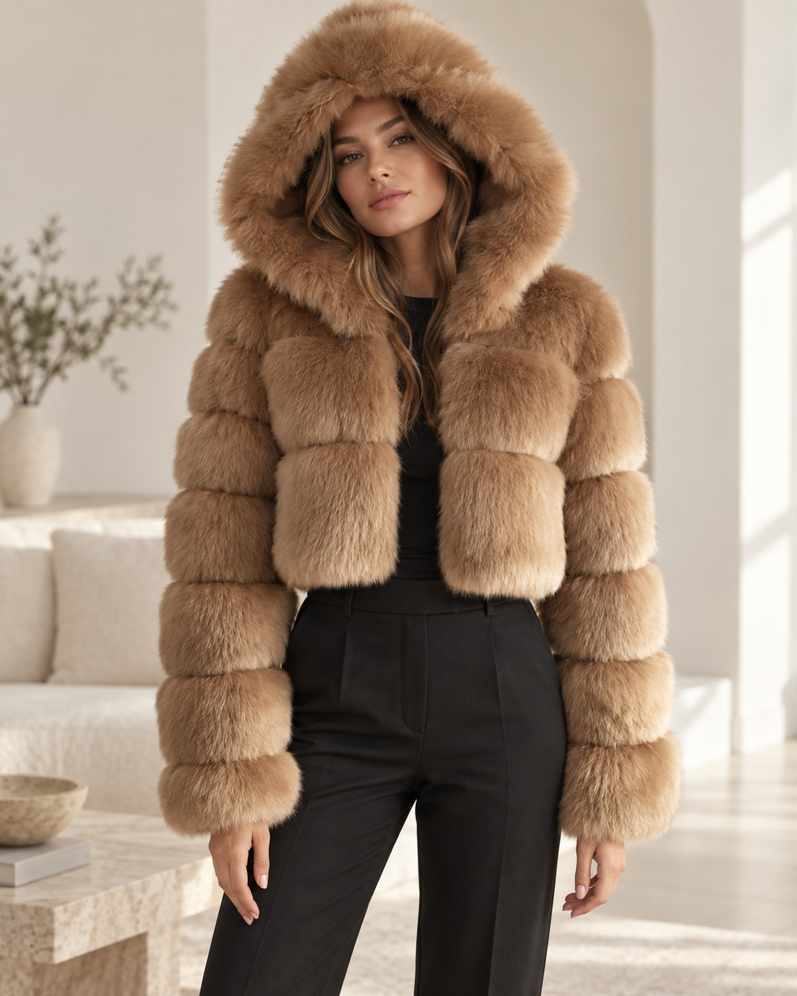 Rovelle Cropped Hooded Faux Fur Jacket — Camel — model wearing jacket