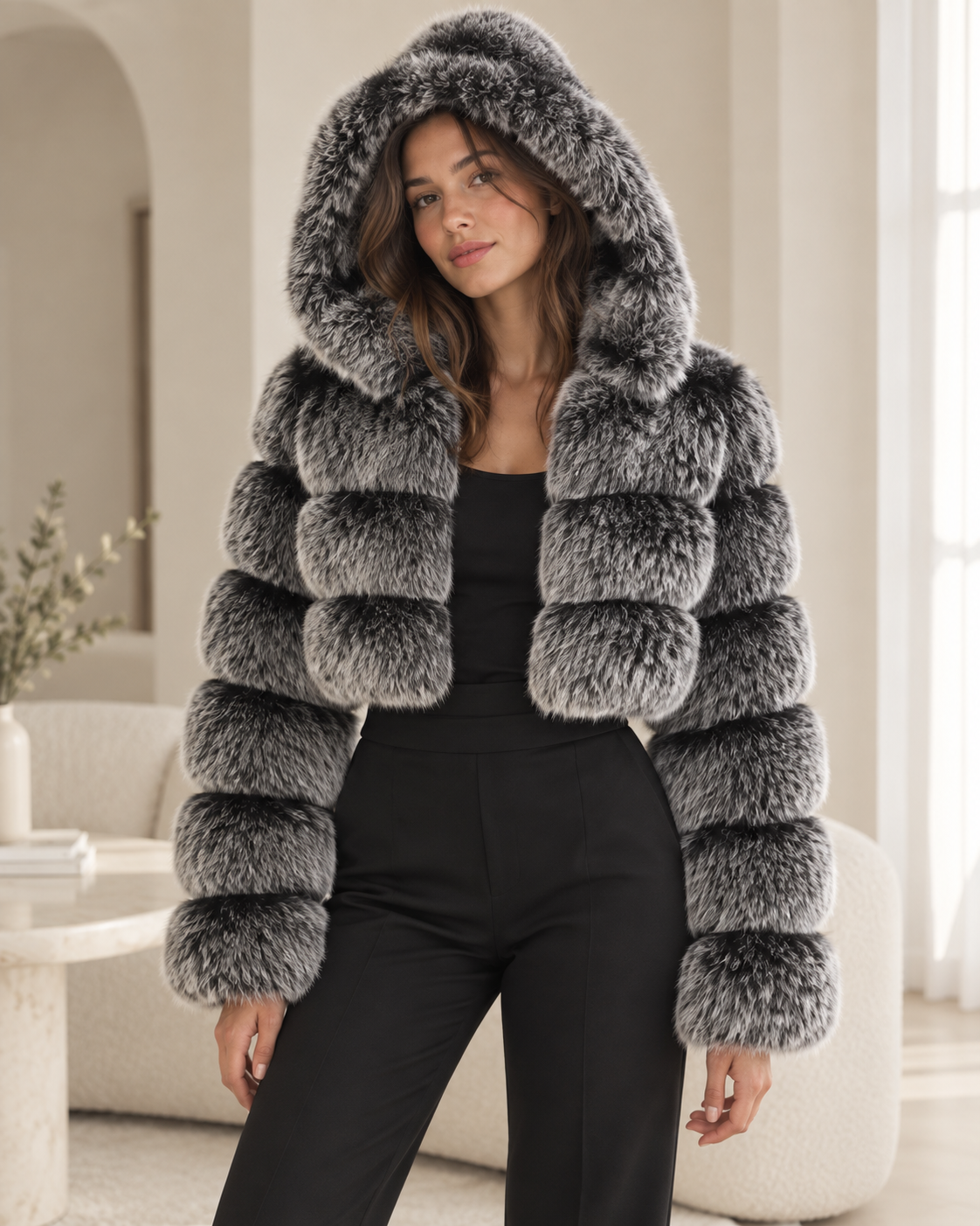 Rovelle Cropped Hooded Faux Fur Jacket — Silver Charcoal — model wearing jacket