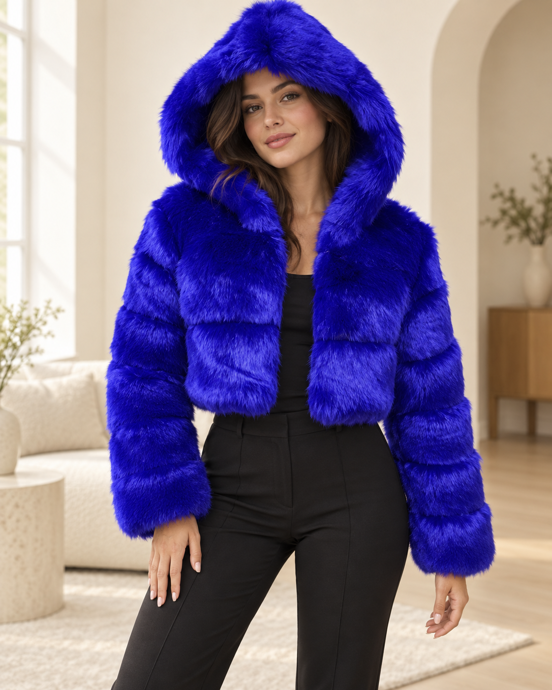 Rovelle Cropped Hooded Faux Fur Jacket — Royal Blue — model wearing jacket