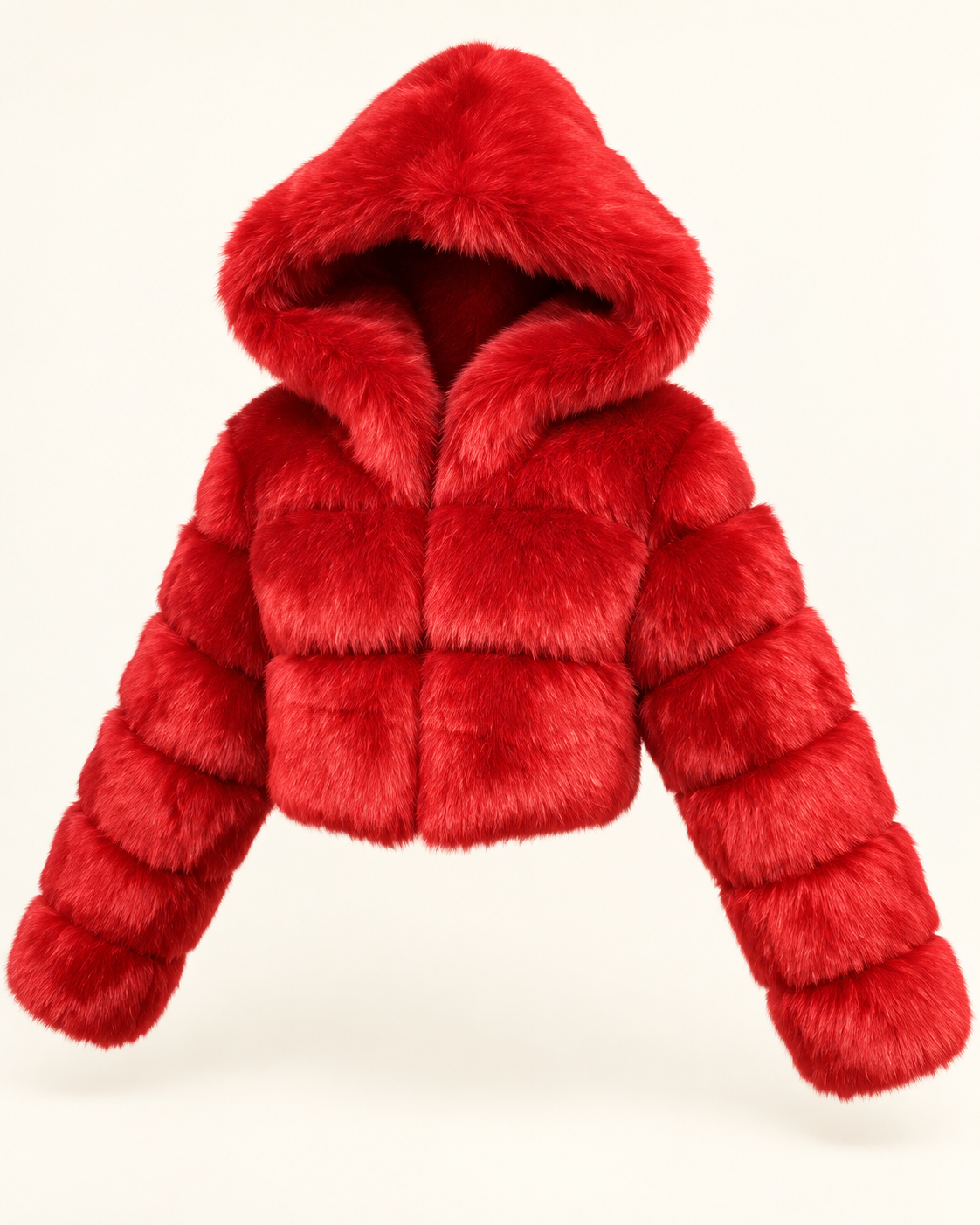 Rovelle Cropped Hooded Faux Fur Jacket — Red — angle view