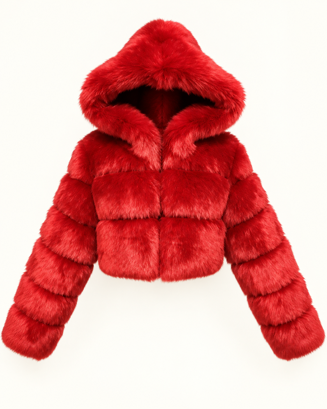 Rovelle Cropped Hooded Faux Fur Jacket — Red — front view