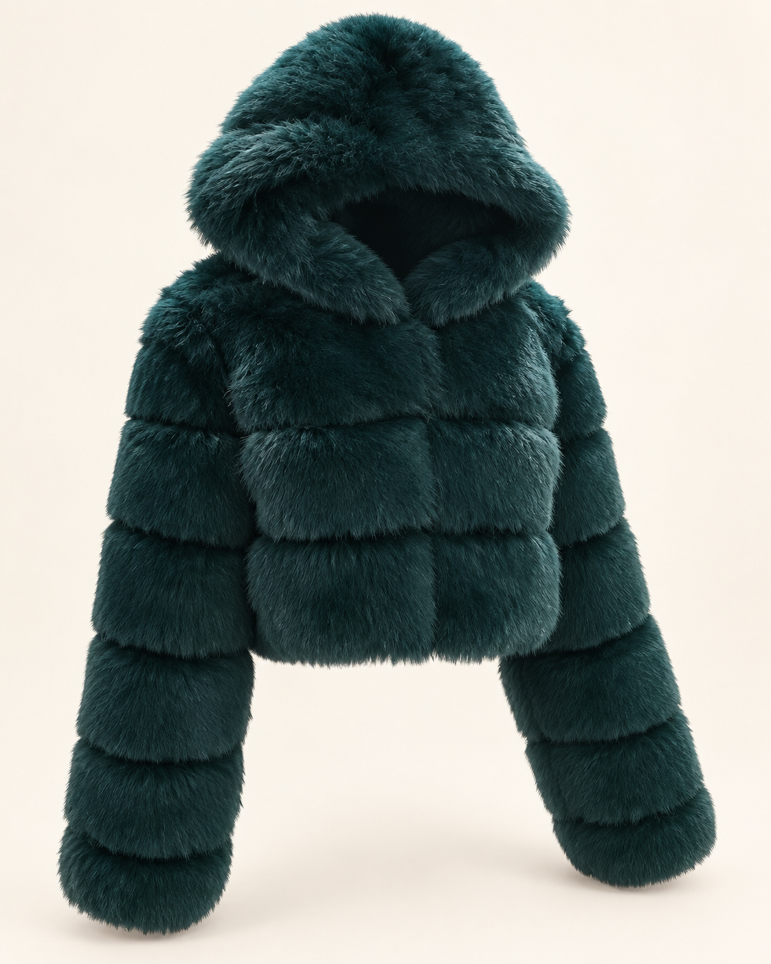 Rovelle Cropped Hooded Faux Fur Jacket — Deep Teal — angle view