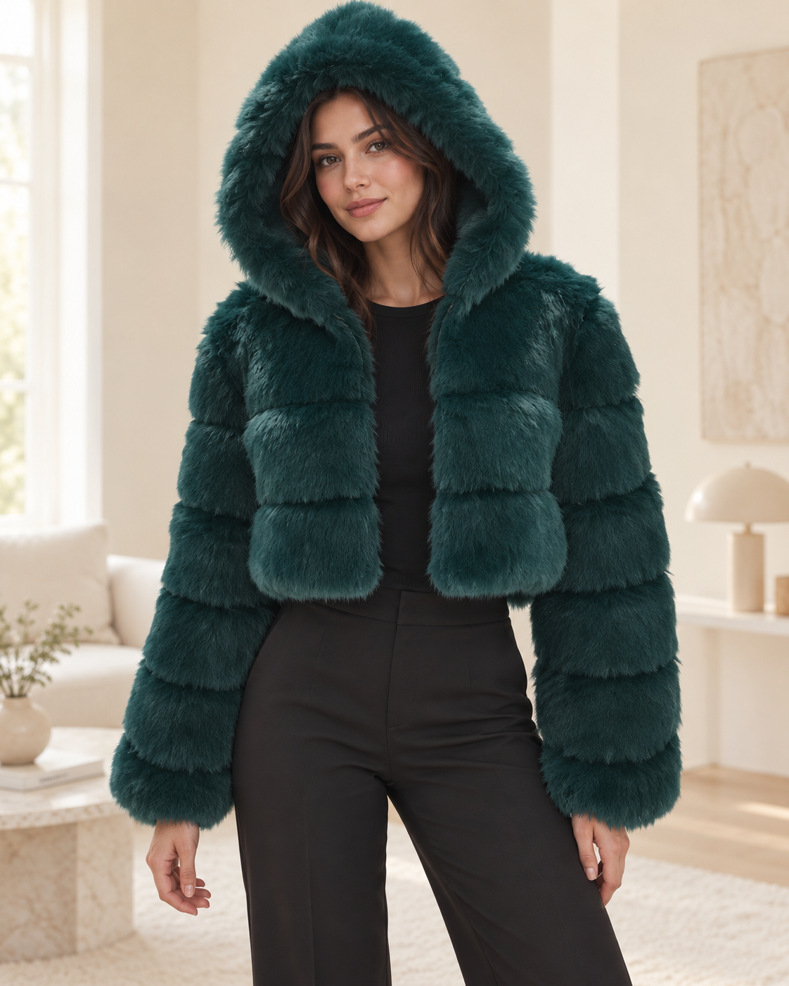 Rovelle Cropped Hooded Faux Fur Jacket — Deep Teal — model wearing jacket