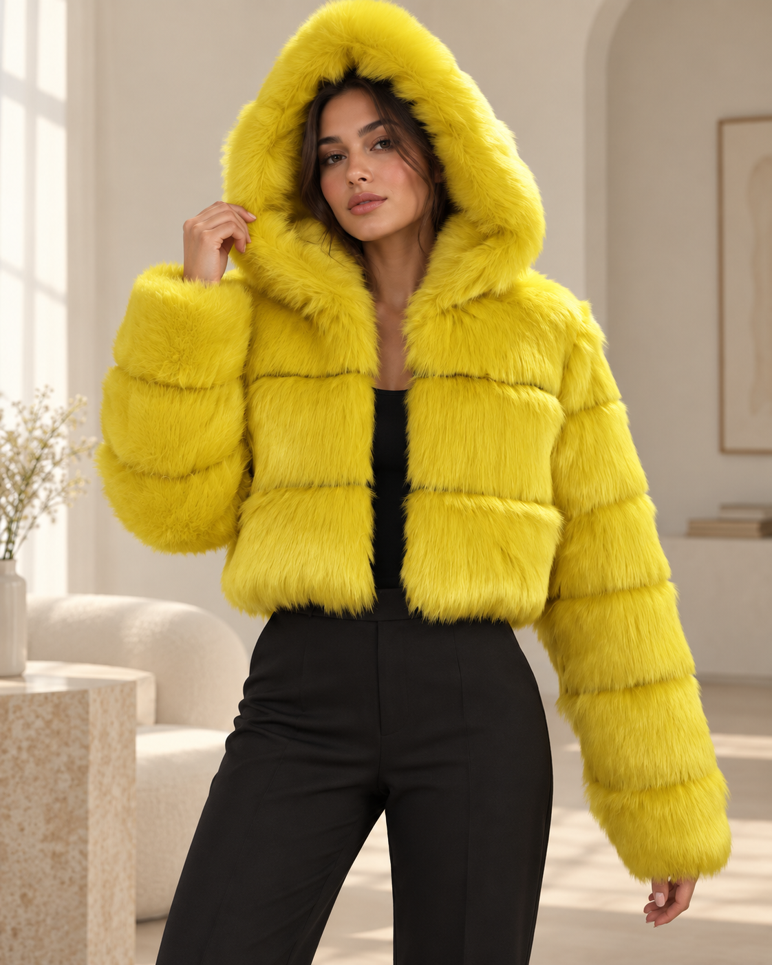 Rovelle Cropped Hooded Faux Fur Jacket — Yellow — model wearing jacket