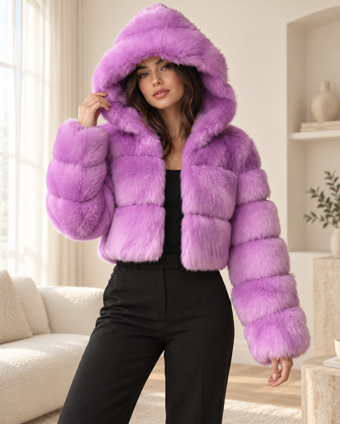 Rovelle Cropped Hooded Faux Fur Jacket — Lilac — model wearing jacket