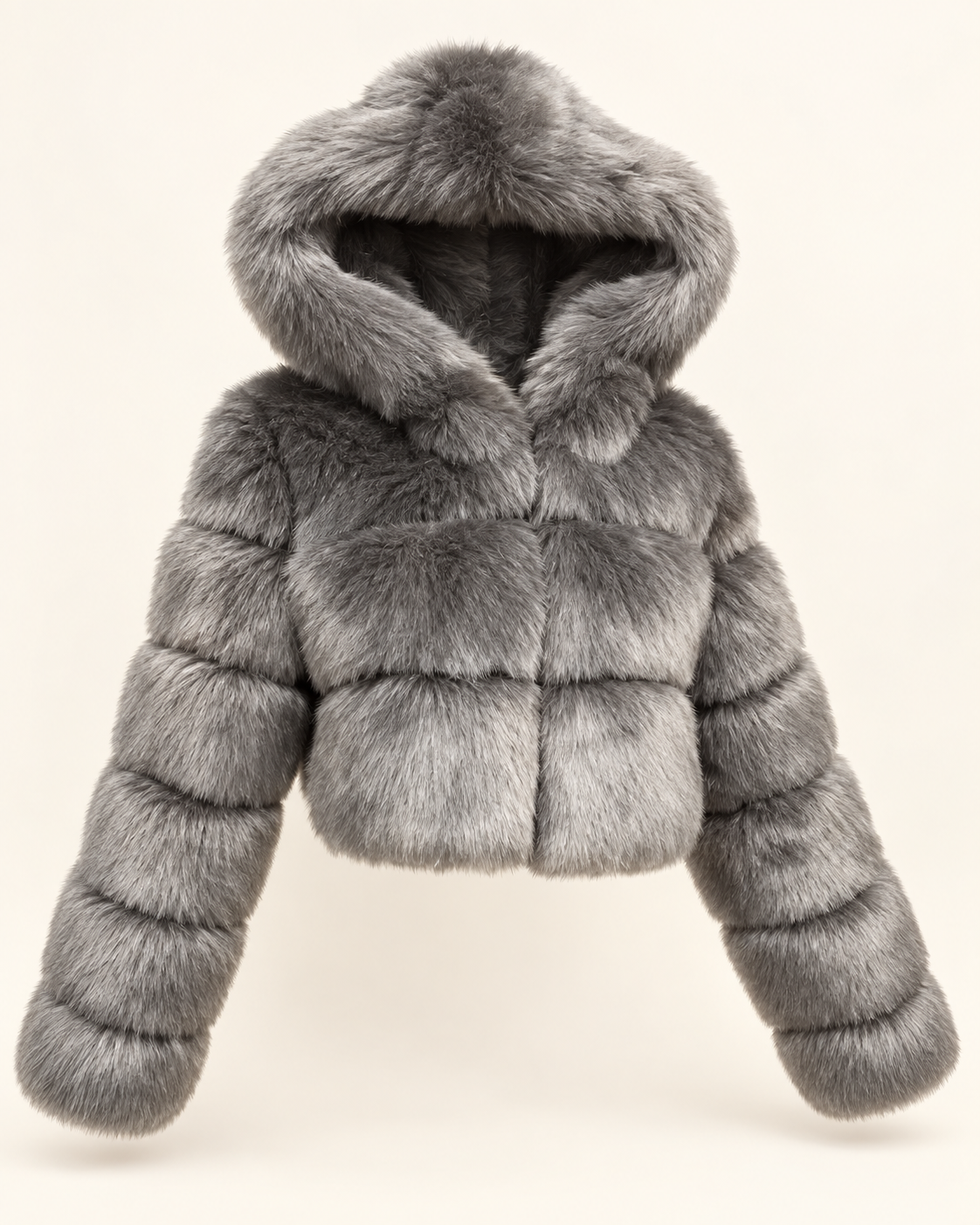 Rovelle Cropped Hooded Faux Fur Jacket — Grey — angle view