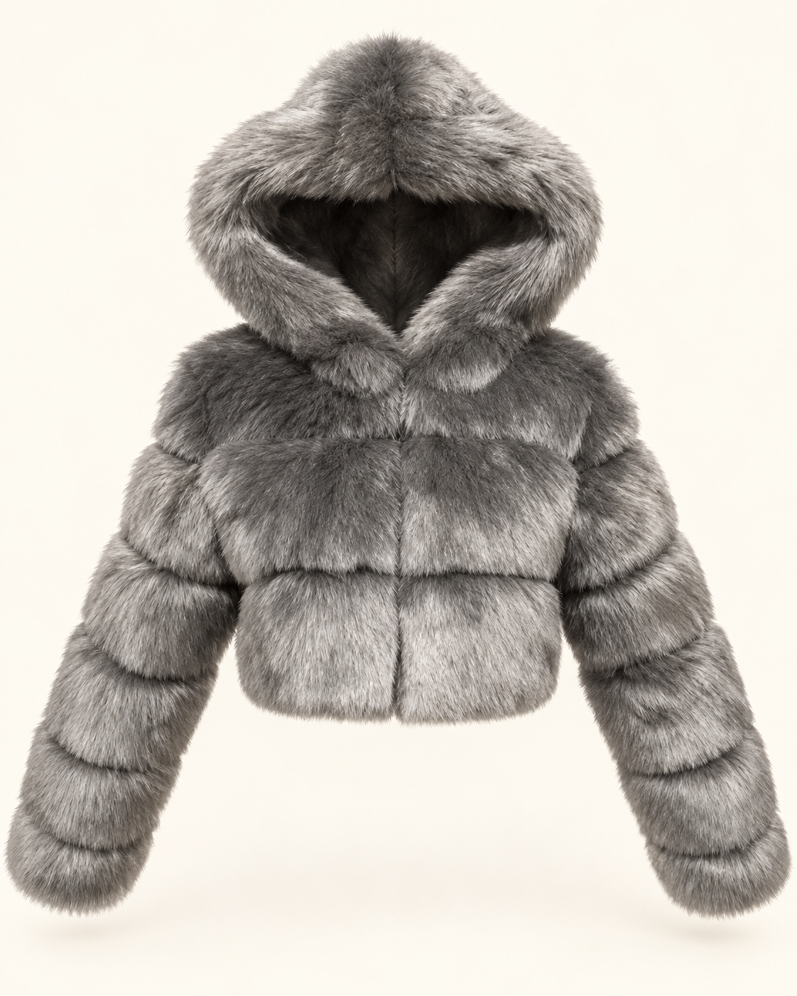 Rovelle Cropped Hooded Faux Fur Jacket — Grey — front view