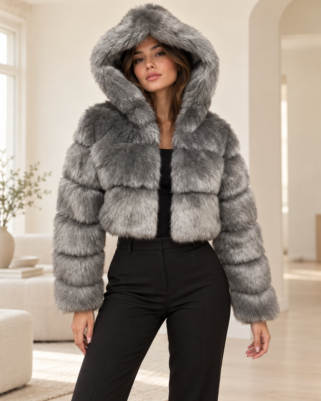 Rovelle Cropped Hooded Faux Fur Jacket — Grey — model wearing jacket