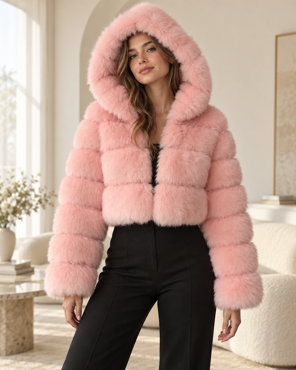 Rovelle Cropped Hooded Faux Fur Jacket — Blush Pink — model wearing jacket