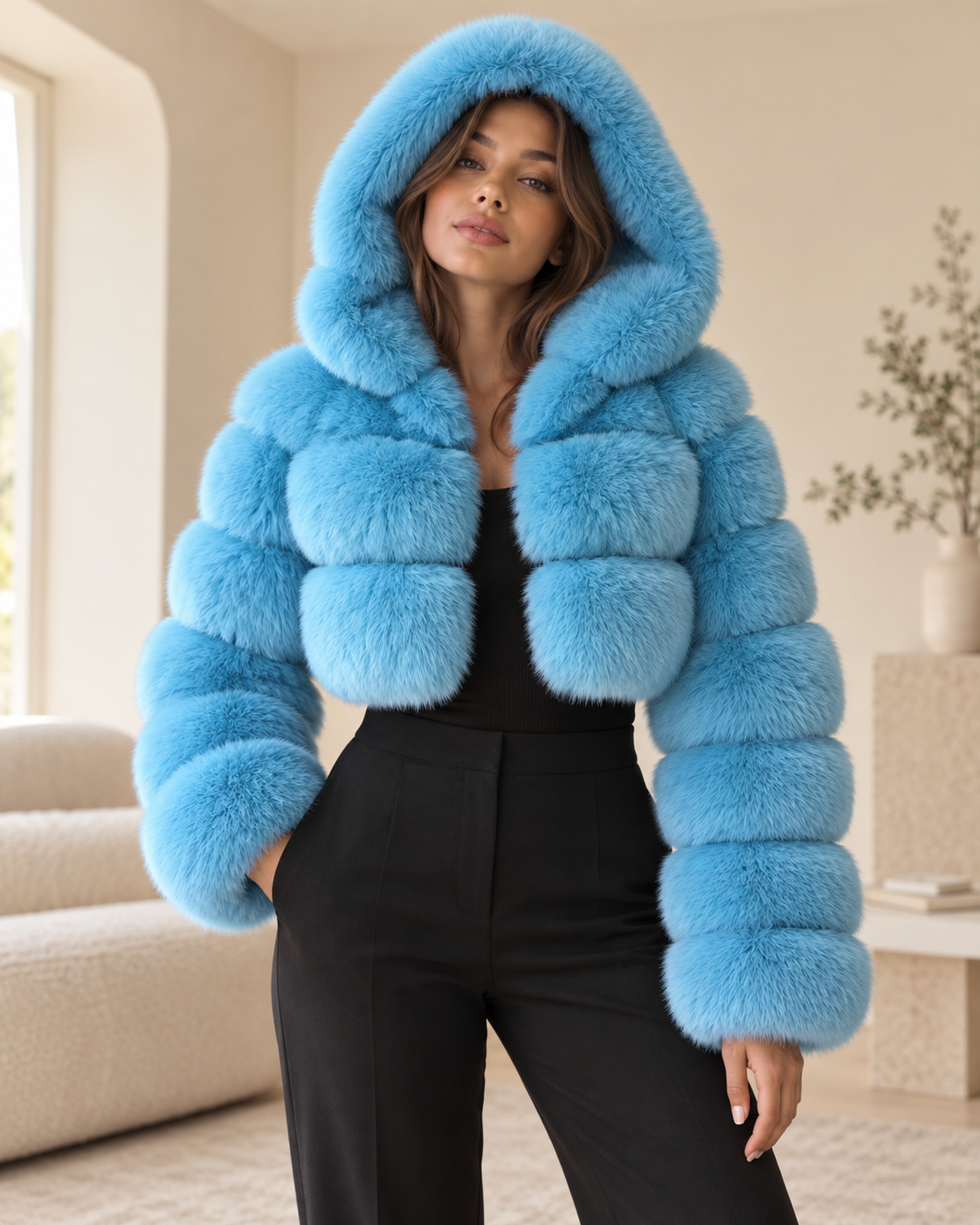 Rovelle Cropped Hooded Faux Fur Jacket — Sky Blue — model wearing jacket