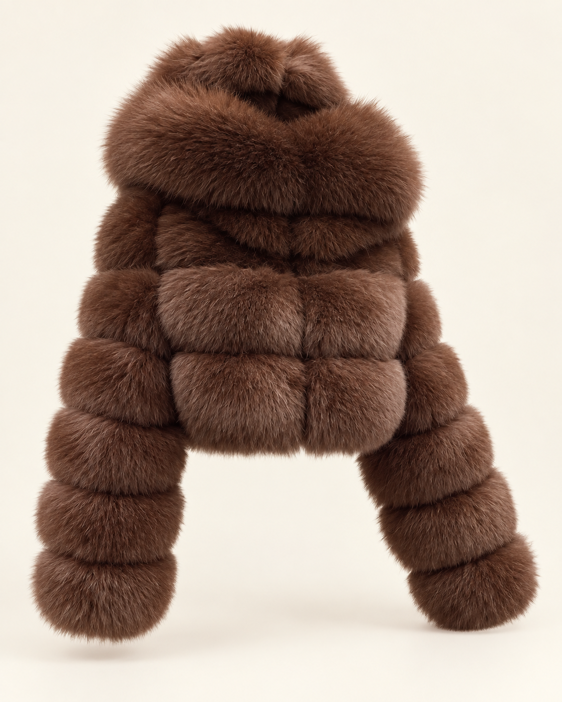 Rovelle Cropped Hooded Faux Fur Jacket — Chocolate Brown — angle view