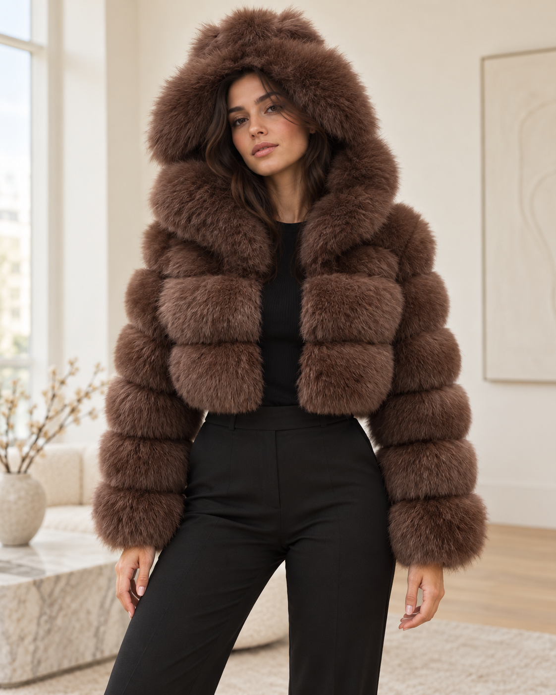 Rovelle Cropped Hooded Faux Fur Jacket — Chocolate Brown — model wearing jacket