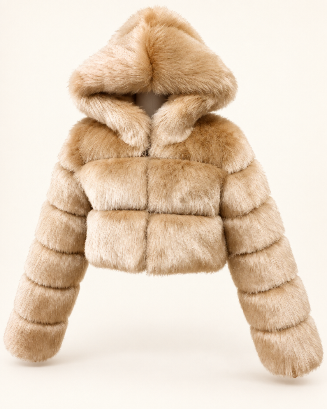 Rovelle Cropped Hooded Faux Fur Jacket — Golden Beige — angle view