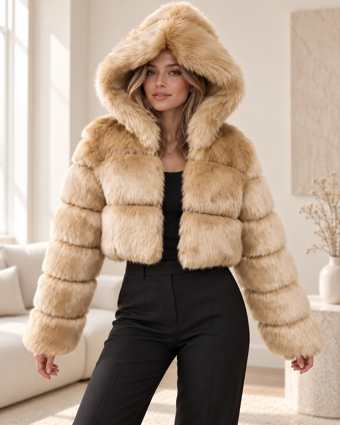 Rovelle Cropped Hooded Faux Fur Jacket — Golden Beige — model wearing jacket