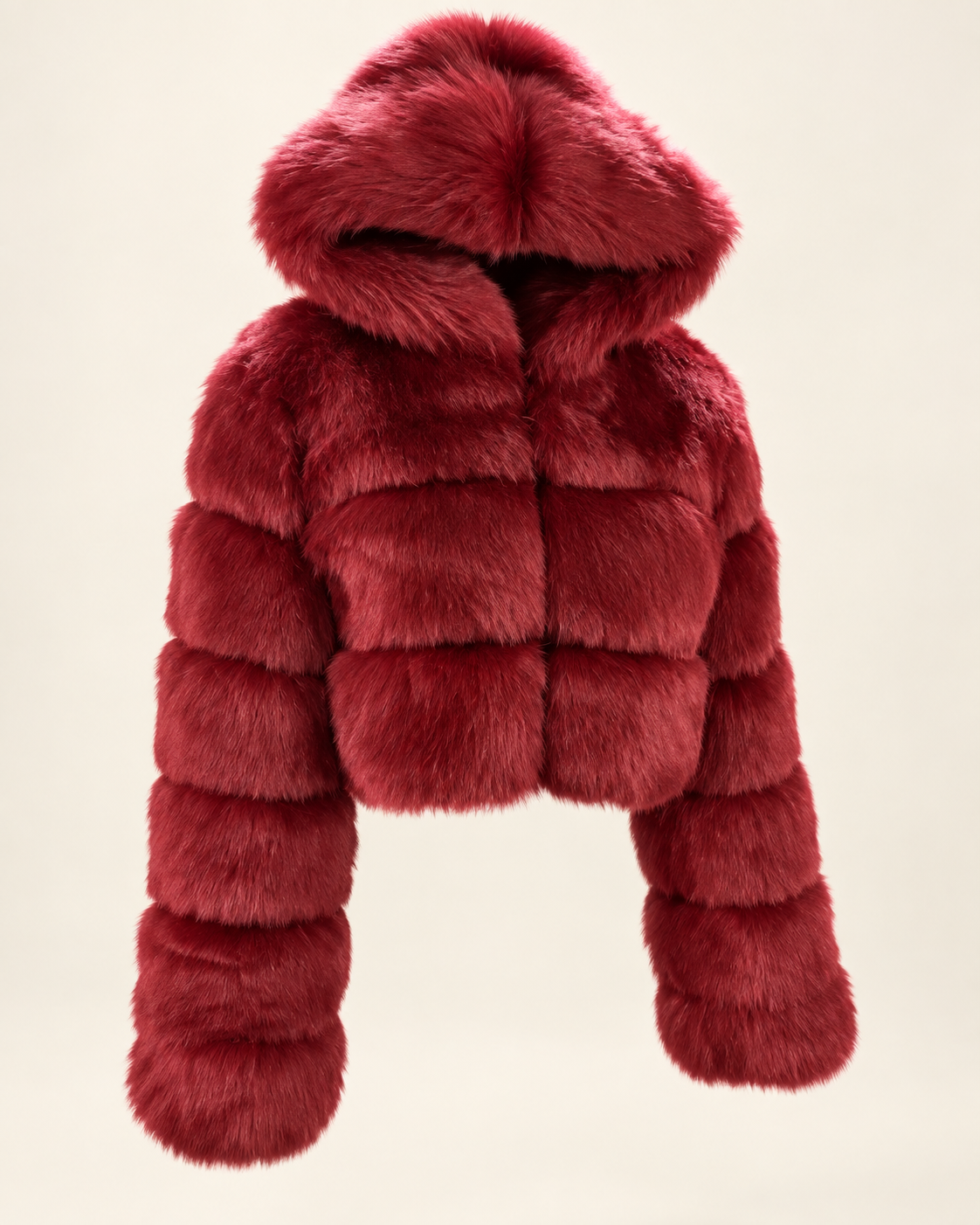 Rovelle Cropped Hooded Faux Fur Jacket — Burgundy — angle view