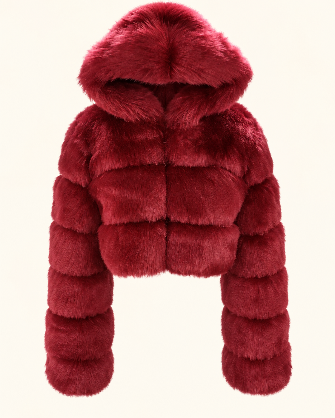Rovelle Cropped Hooded Faux Fur Jacket — Burgundy — front view