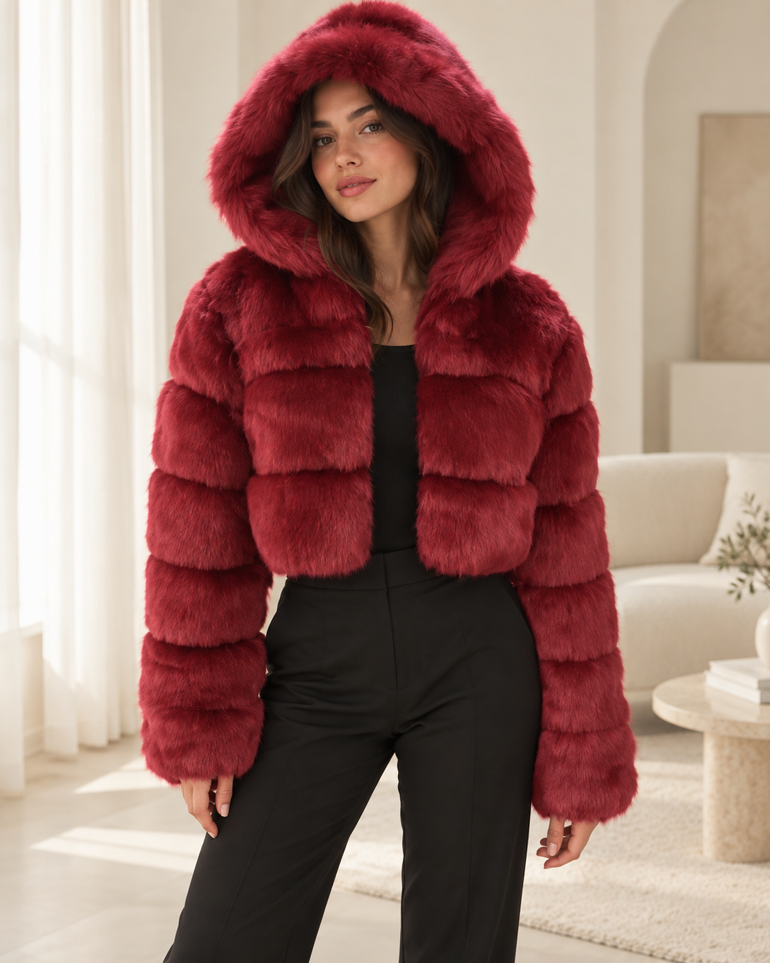 Rovelle Cropped Hooded Faux Fur Jacket — Burgundy — model wearing jacket