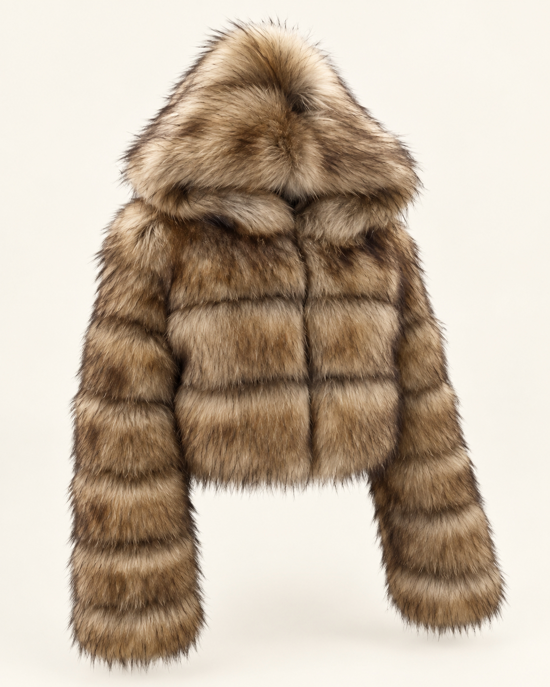 Rovelle Cropped Hooded Faux Fur Jacket — Natural Brown Mix — angle view