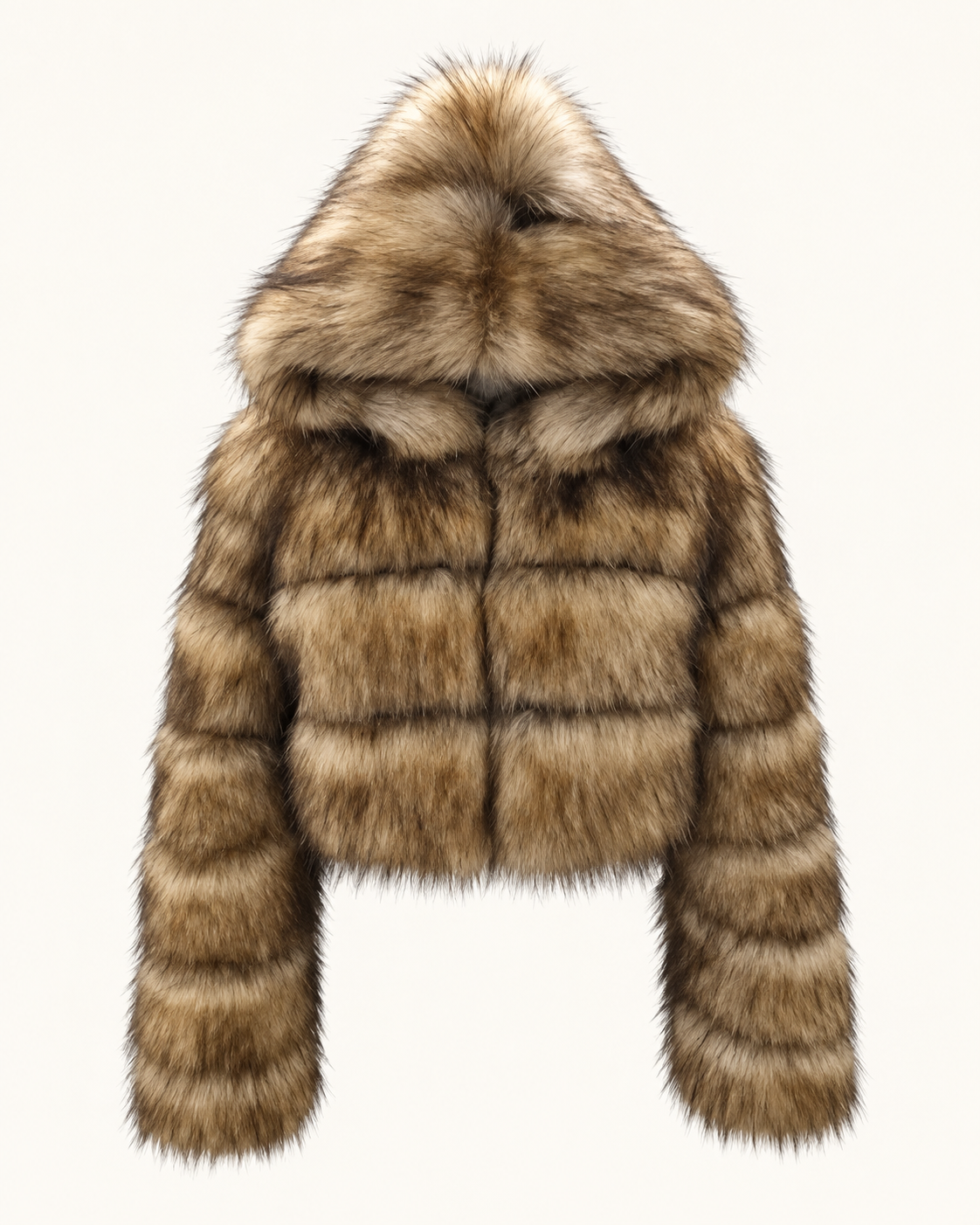 Rovelle Cropped Hooded Faux Fur Jacket — Natural Brown Mix — front view