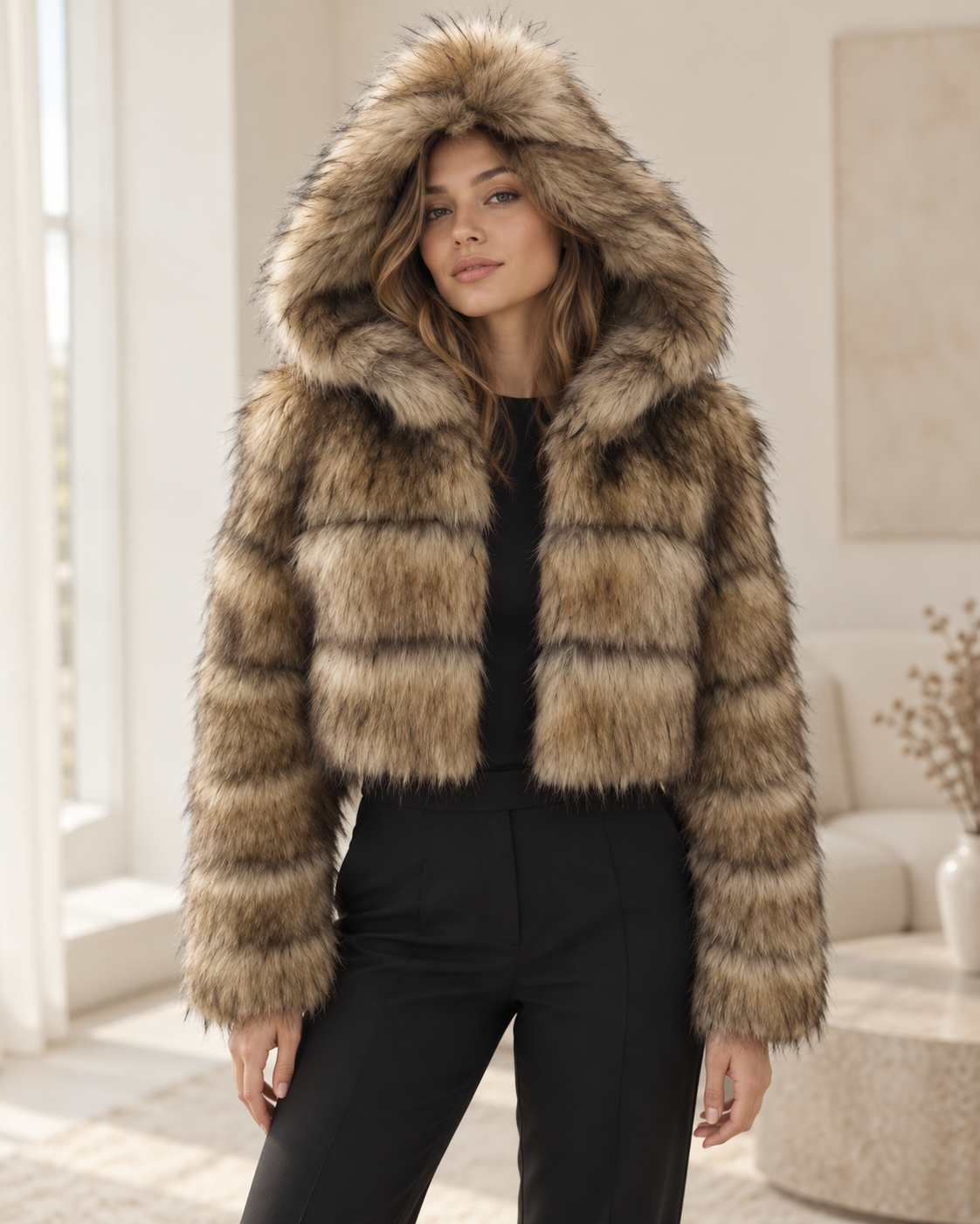 Rovelle Cropped Hooded Faux Fur Jacket — Natural Brown Mix — model wearing jacket