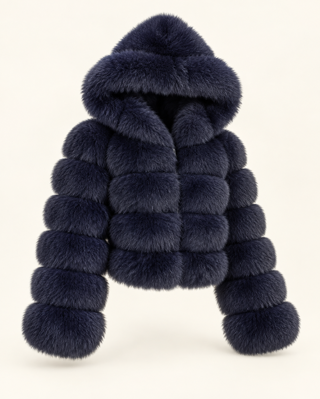 Rovelle Cropped Hooded Faux Fur Jacket — Navy Blue — angle view