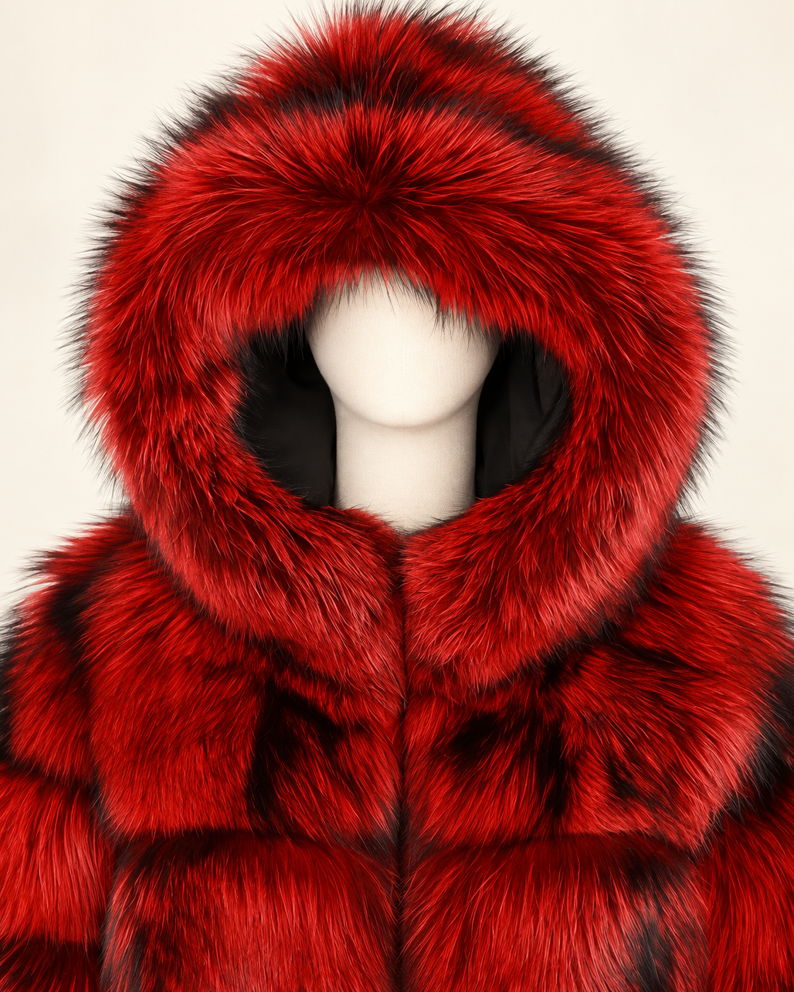 Rovelle Cropped Hooded Faux Fur Jacket — Red Black Tip — detail view