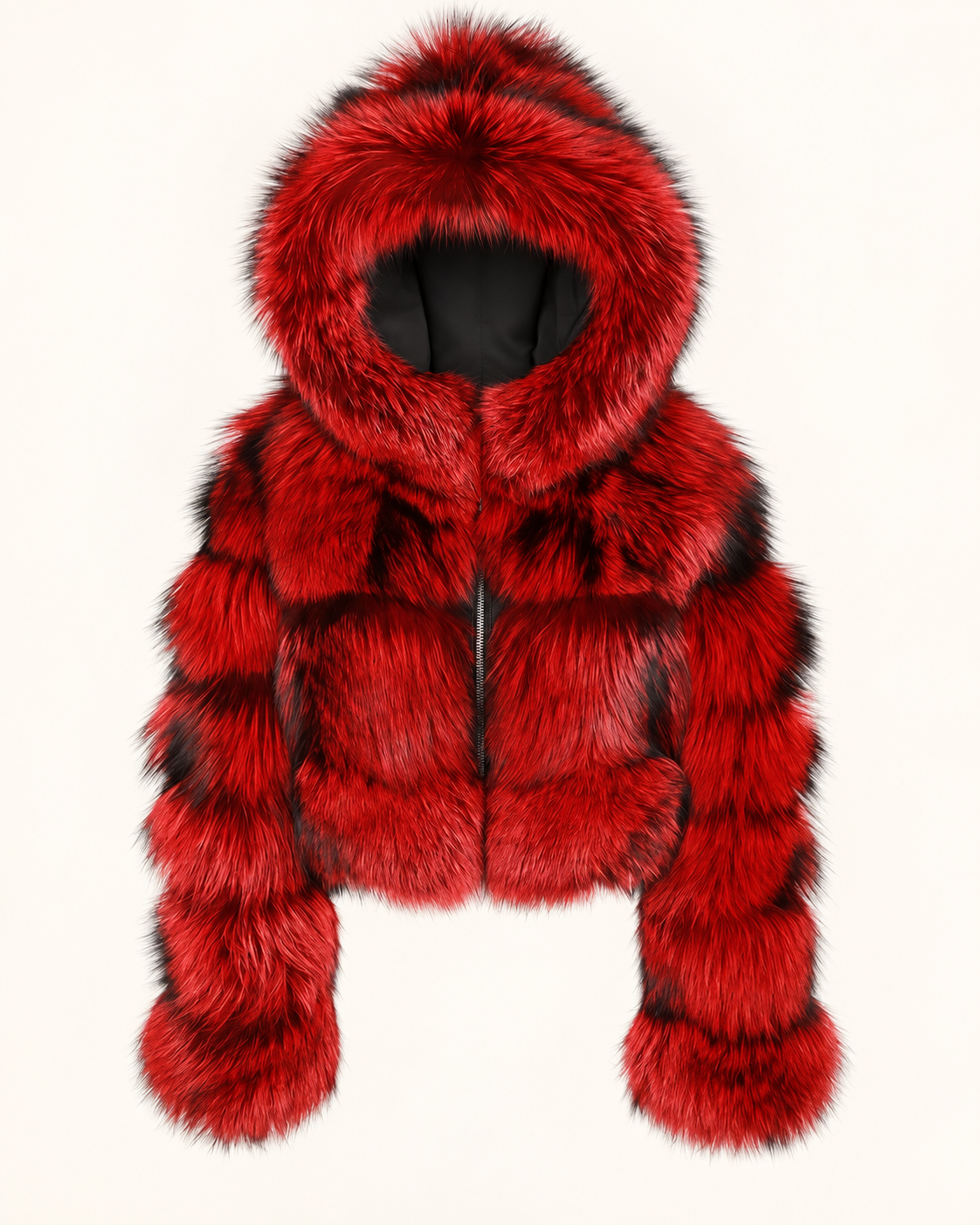 Rovelle Cropped Hooded Faux Fur Jacket — Red Black Tip — front view