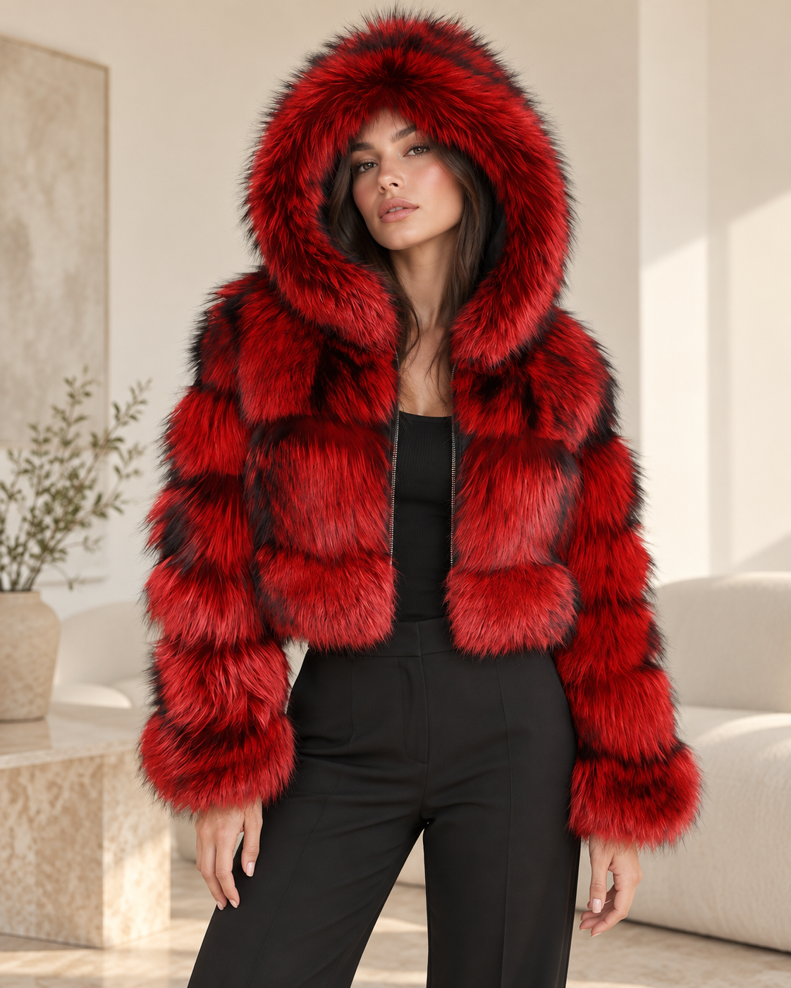 Rovelle Cropped Hooded Faux Fur Jacket — Red Black Tip — model wearing jacket